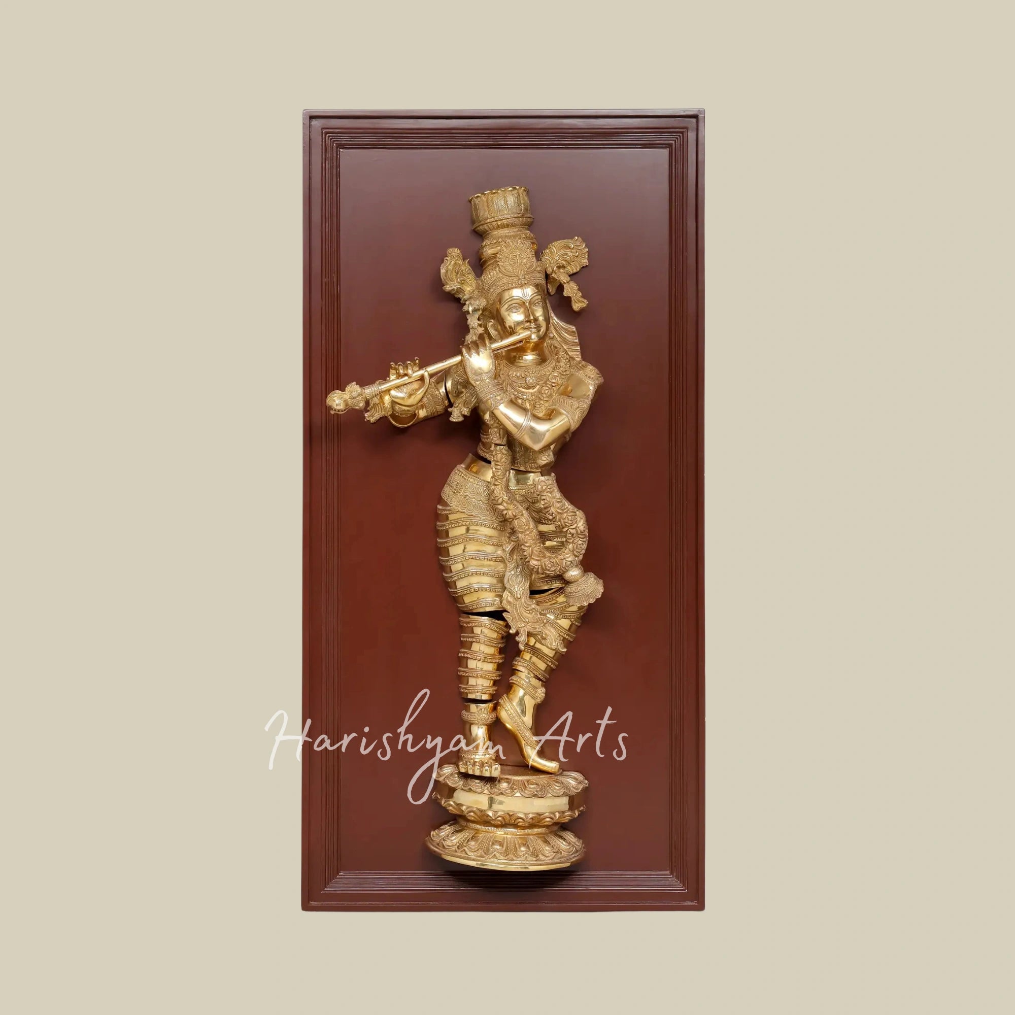 53" Flute Playing Lord Krishna Brass Sculpture with Wooden Frame for Wall Decor