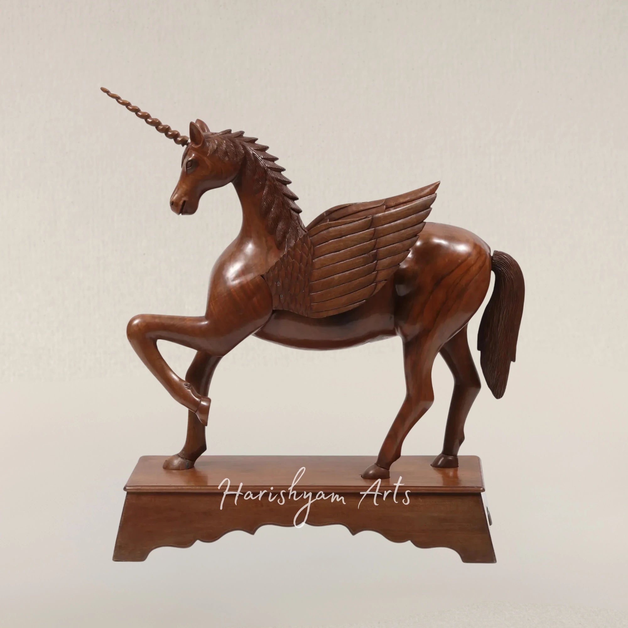 53" Grand Walnut Unicorn Figurine Hand Carved in Kashmir