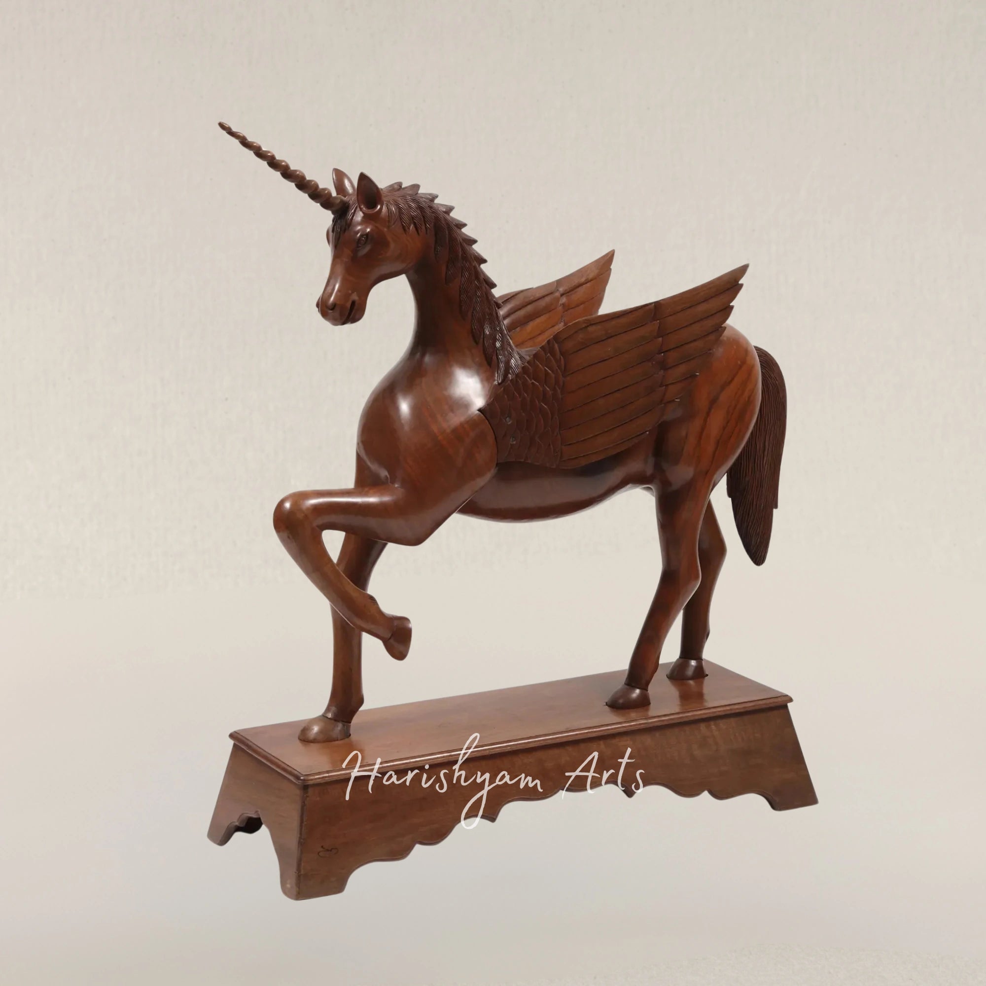 53" Grand Walnut Unicorn Figurine Hand Carved in Kashmir