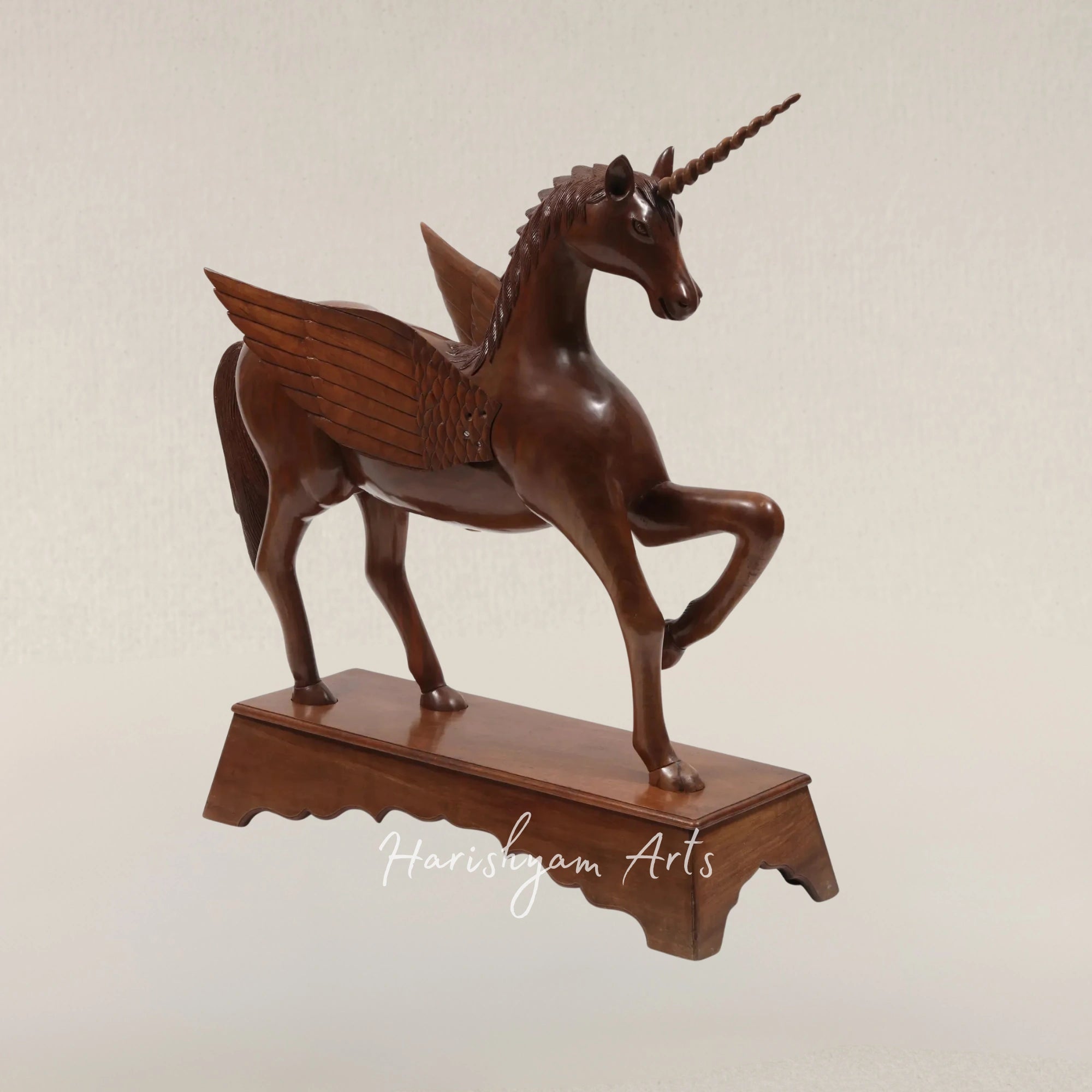 53" Grand Walnut Unicorn Figurine Hand Carved in Kashmir