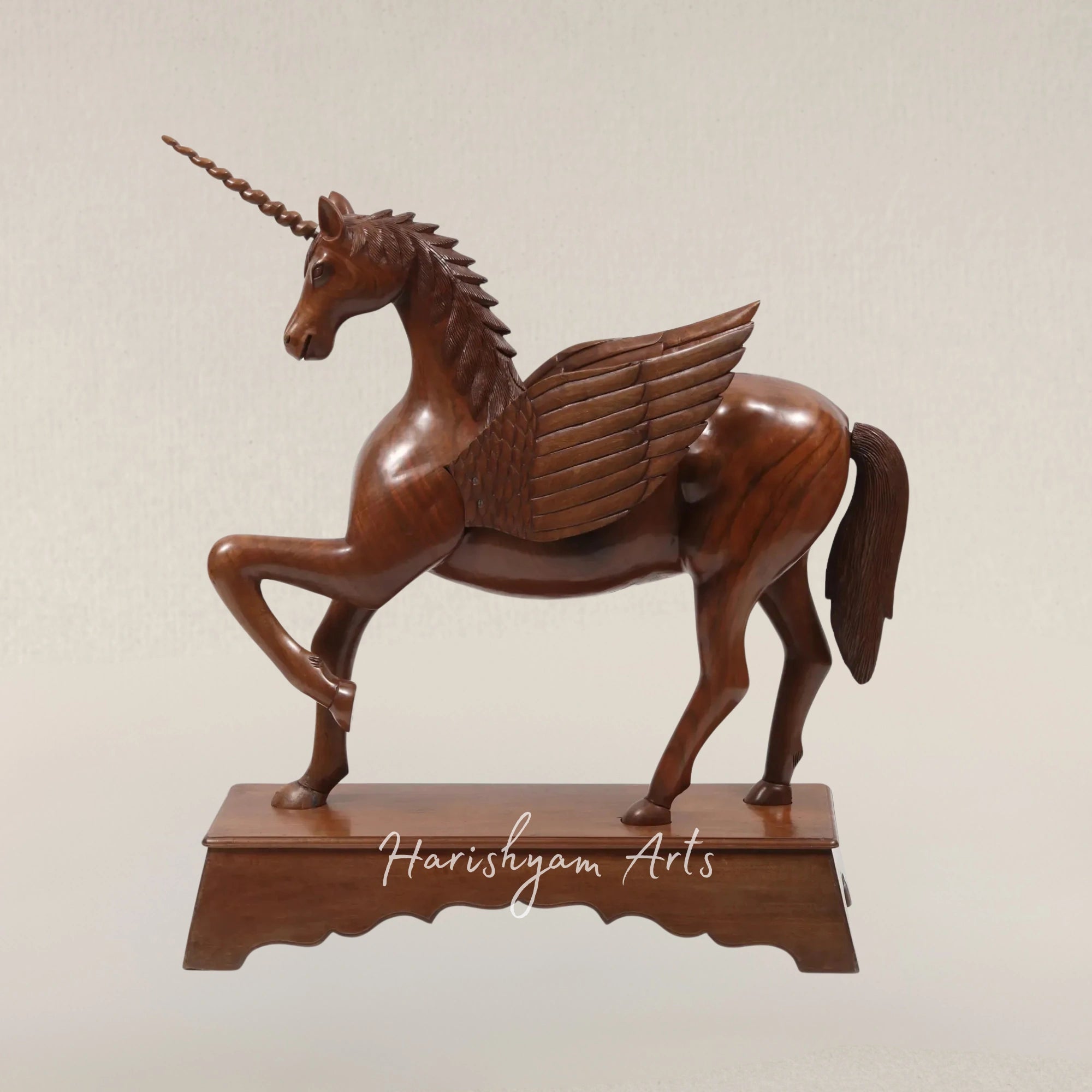 53" Grand Walnut Unicorn Figurine Hand Carved in Kashmir