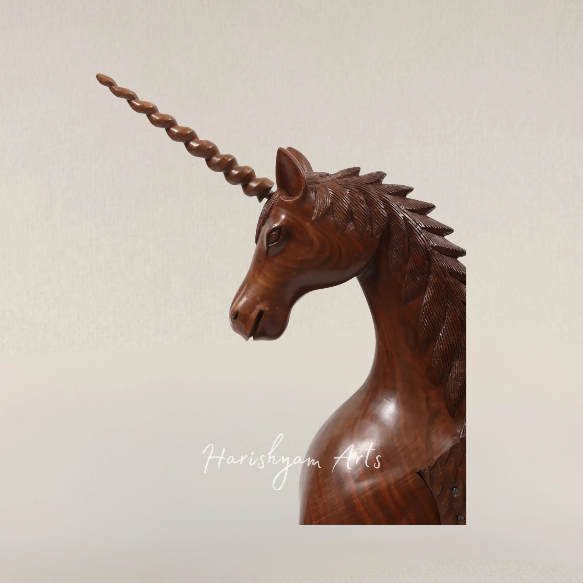 53" Grand Walnut Unicorn Figurine Hand Carved in Kashmir