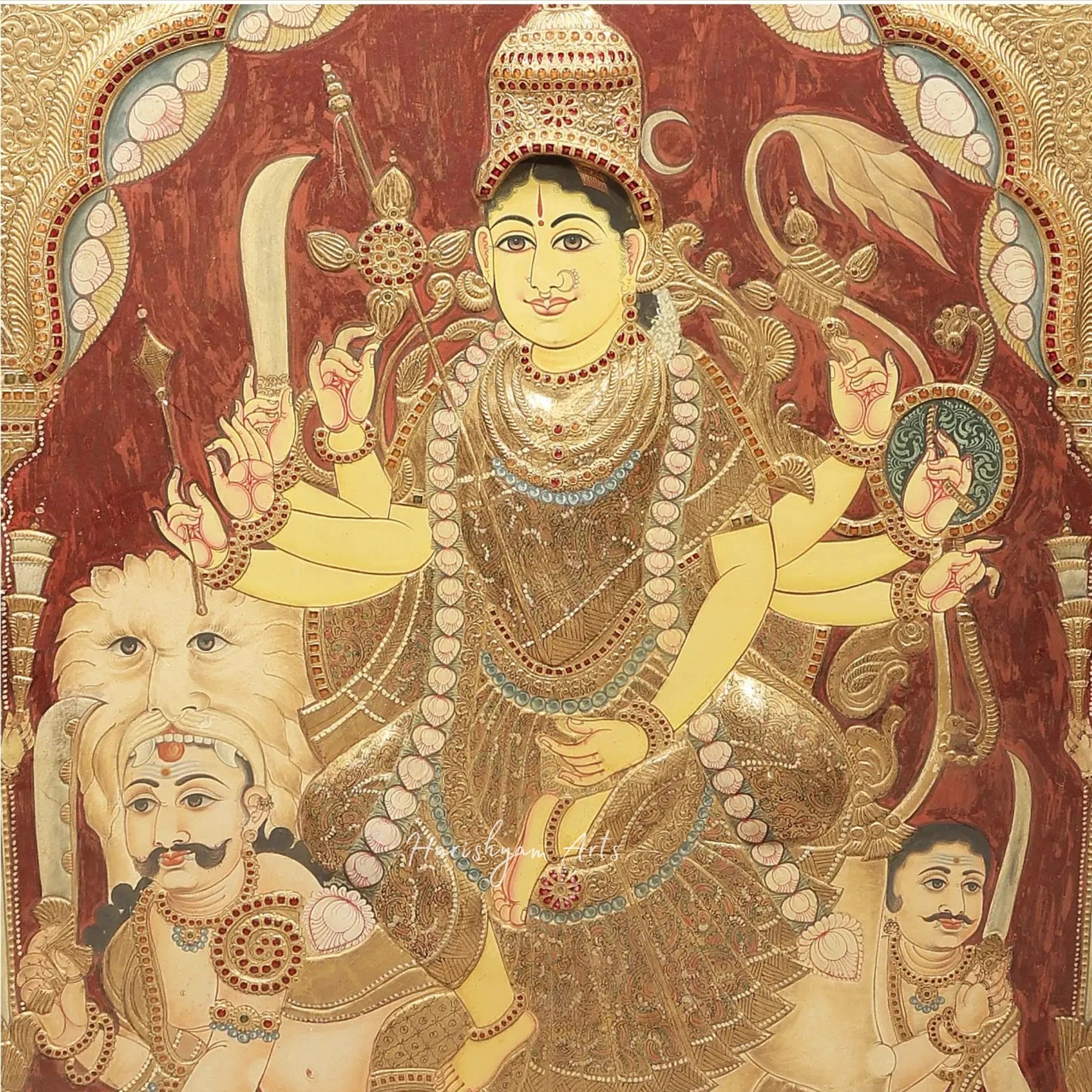 53" Large Durga Tanjore Painting with Teakwood Frame and Gold Detailing