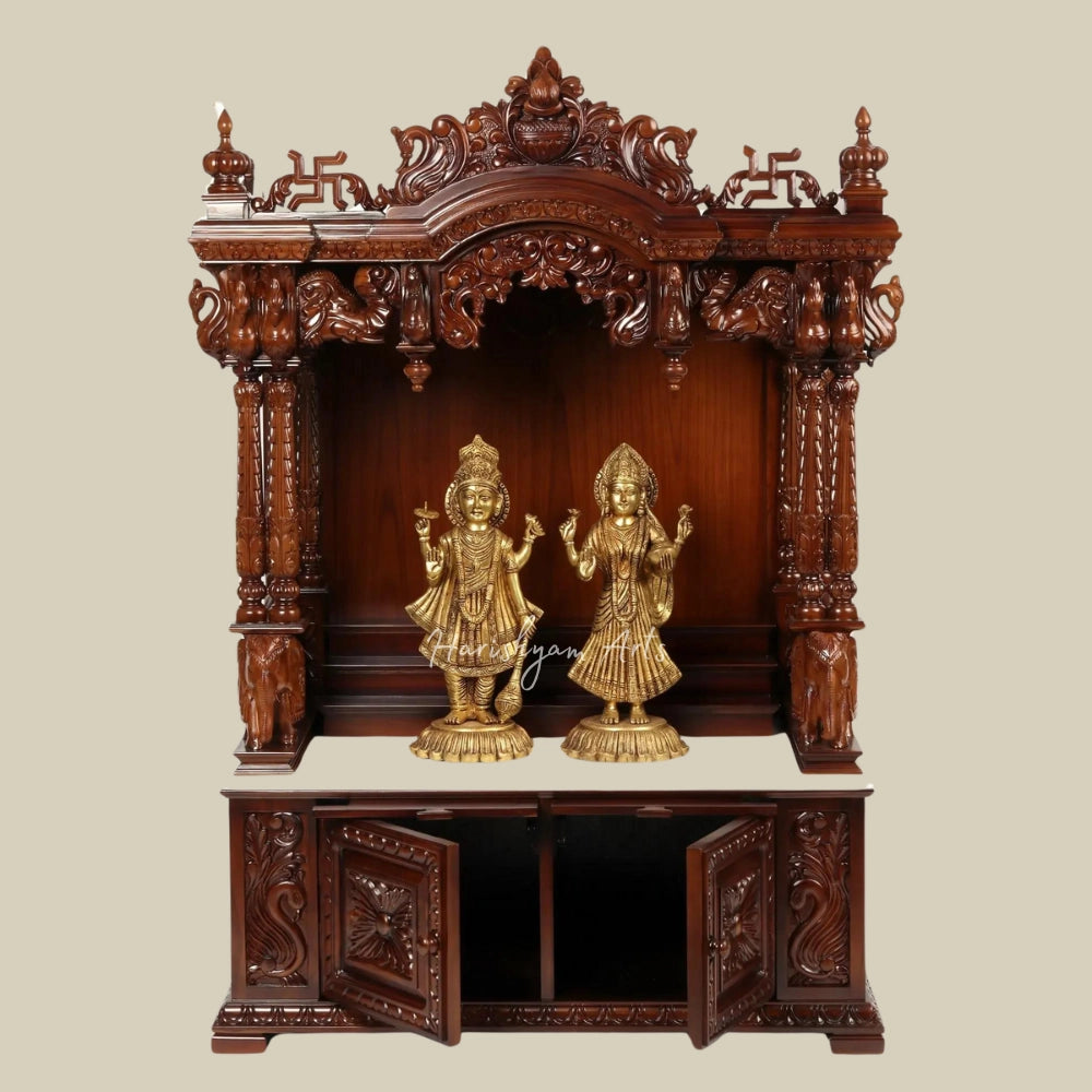 54" Teak Wooden Carved Pooja mandir with Saatvik And Kalash