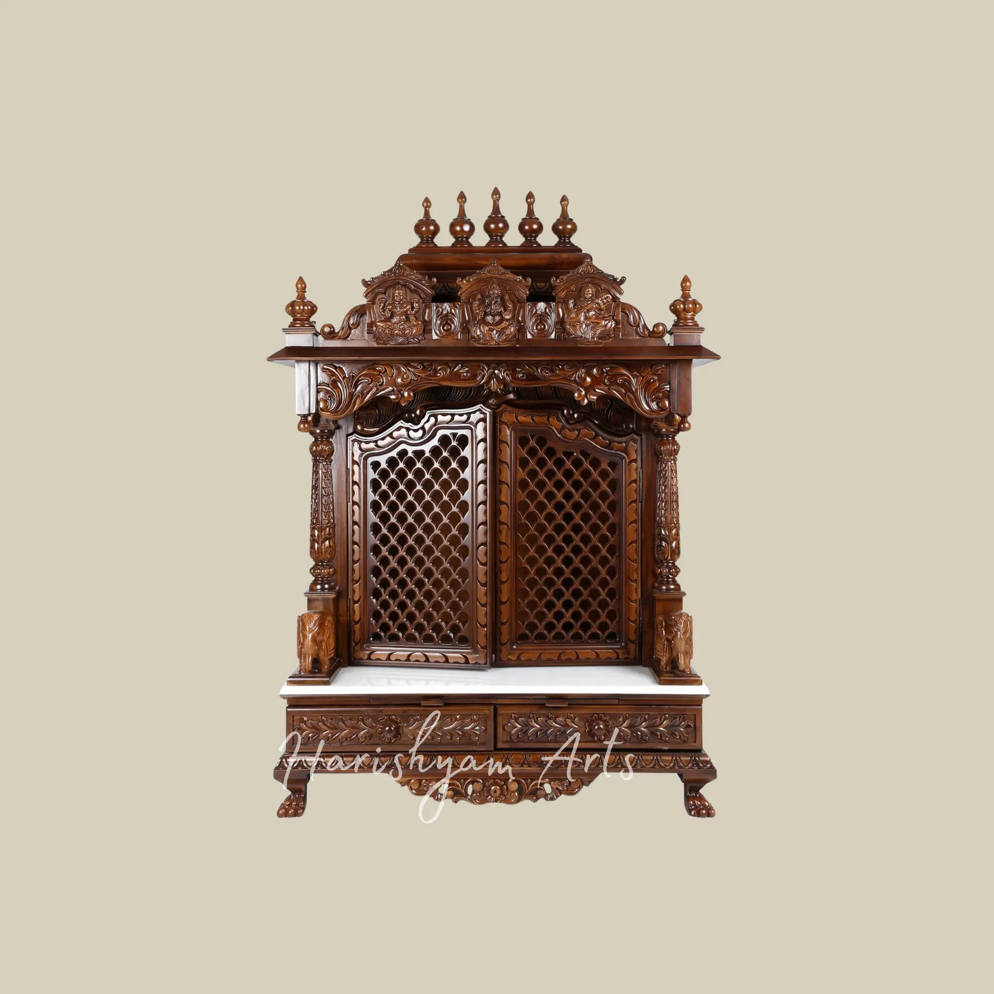 54" Handcrafted Teak Wooden Mandir with Ganesh Lakshmi Saraswati Carvings and Decorative Jali Doors
