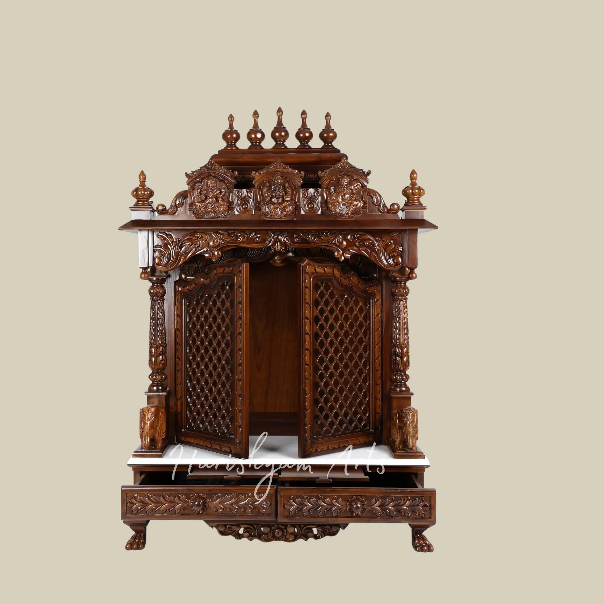 54" Handcrafted Teak Wooden Mandir with Ganesh Lakshmi Saraswati Carvings and Decorative Jali Doors