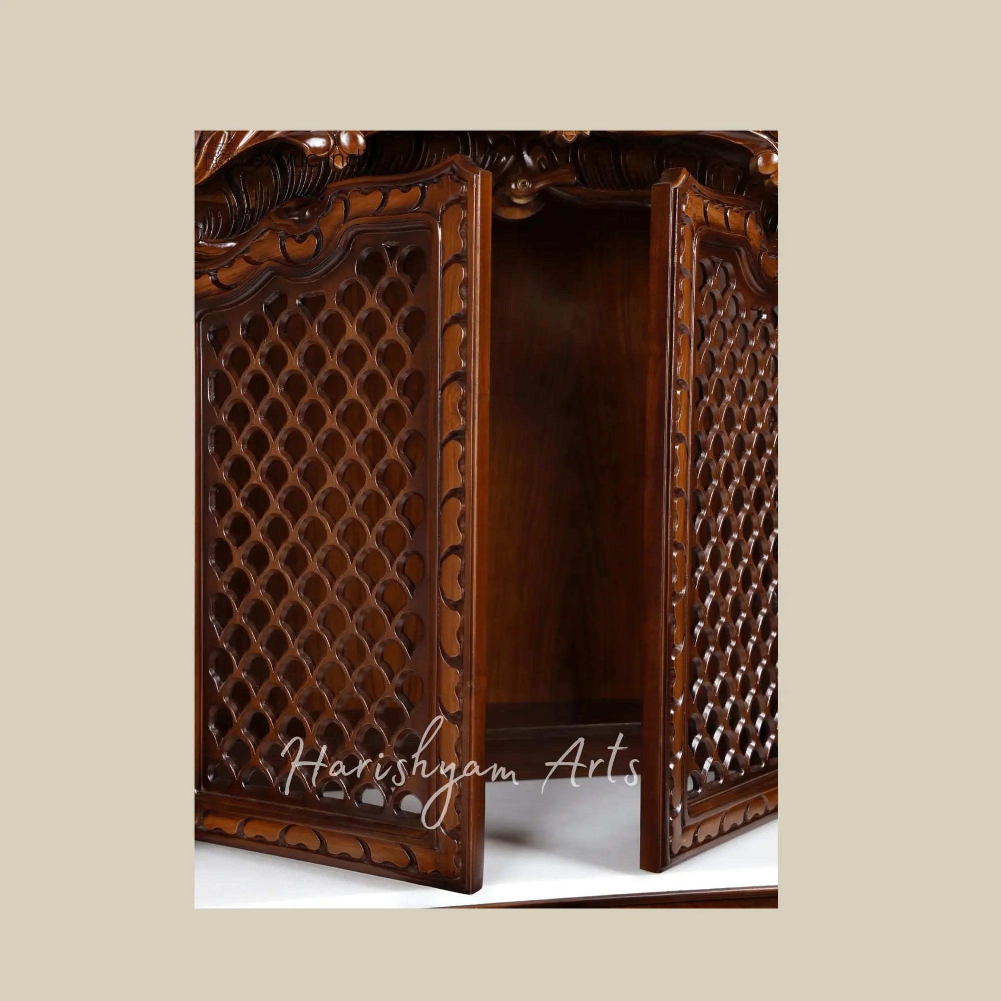 54" Handcrafted Teak Wooden Mandir with Ganesh Lakshmi Saraswati Carvings and Decorative Jali Doors