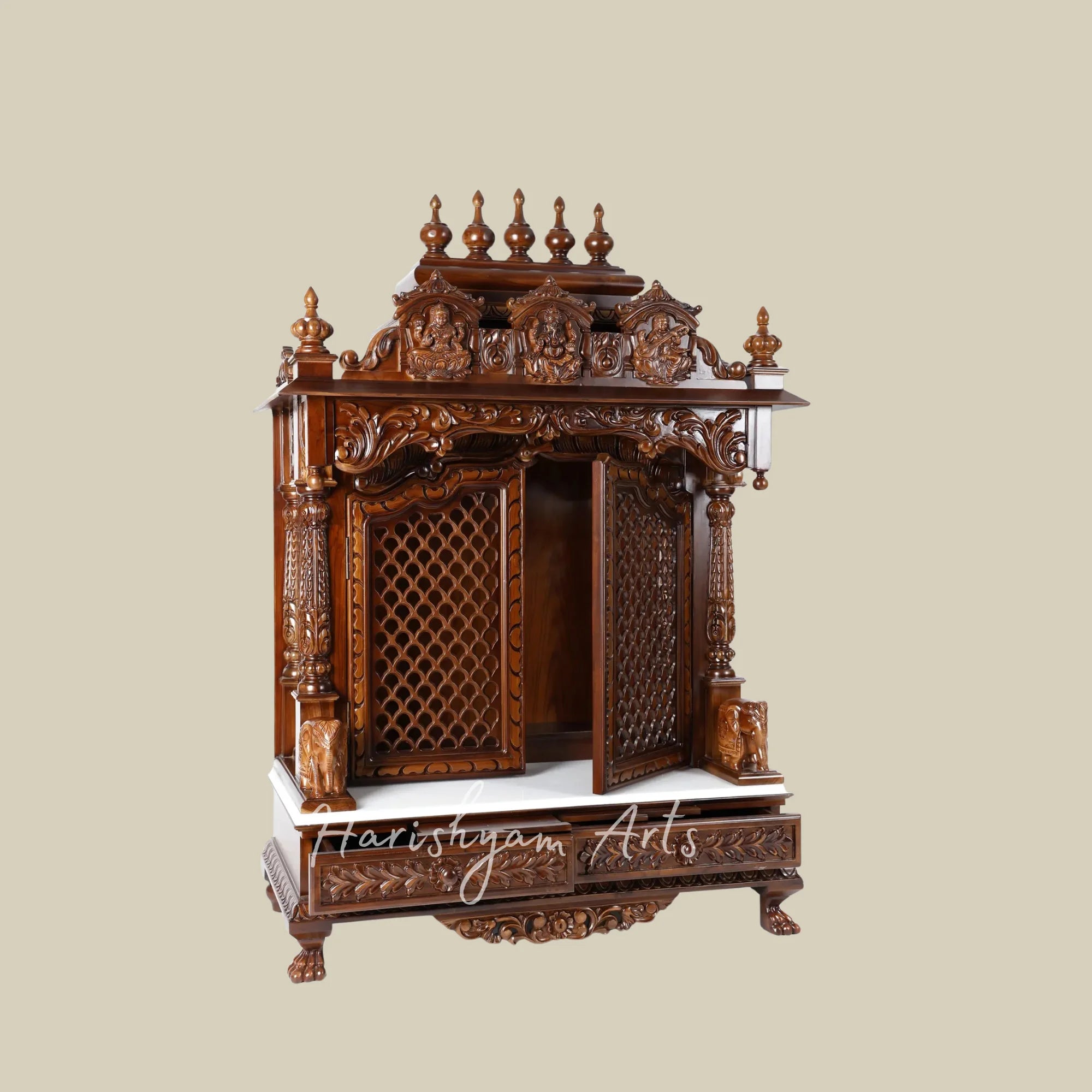 54" Handcrafted Teak Wooden Mandir with Ganesh Lakshmi Saraswati Carvings and Decorative Jali Doors