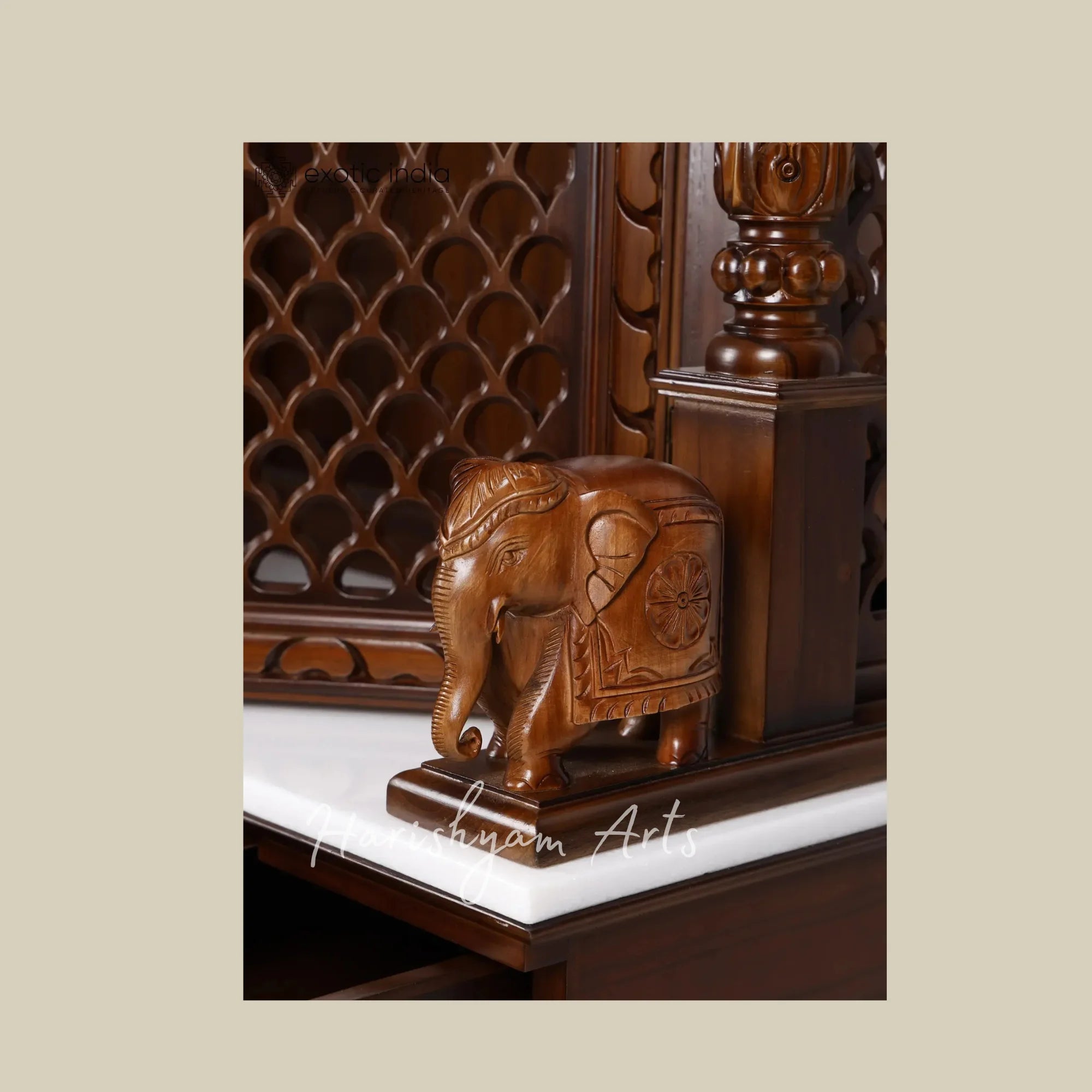 54" Handcrafted Teak Wooden Mandir with Ganesh Lakshmi Saraswati Carvings and Decorative Jali Doors