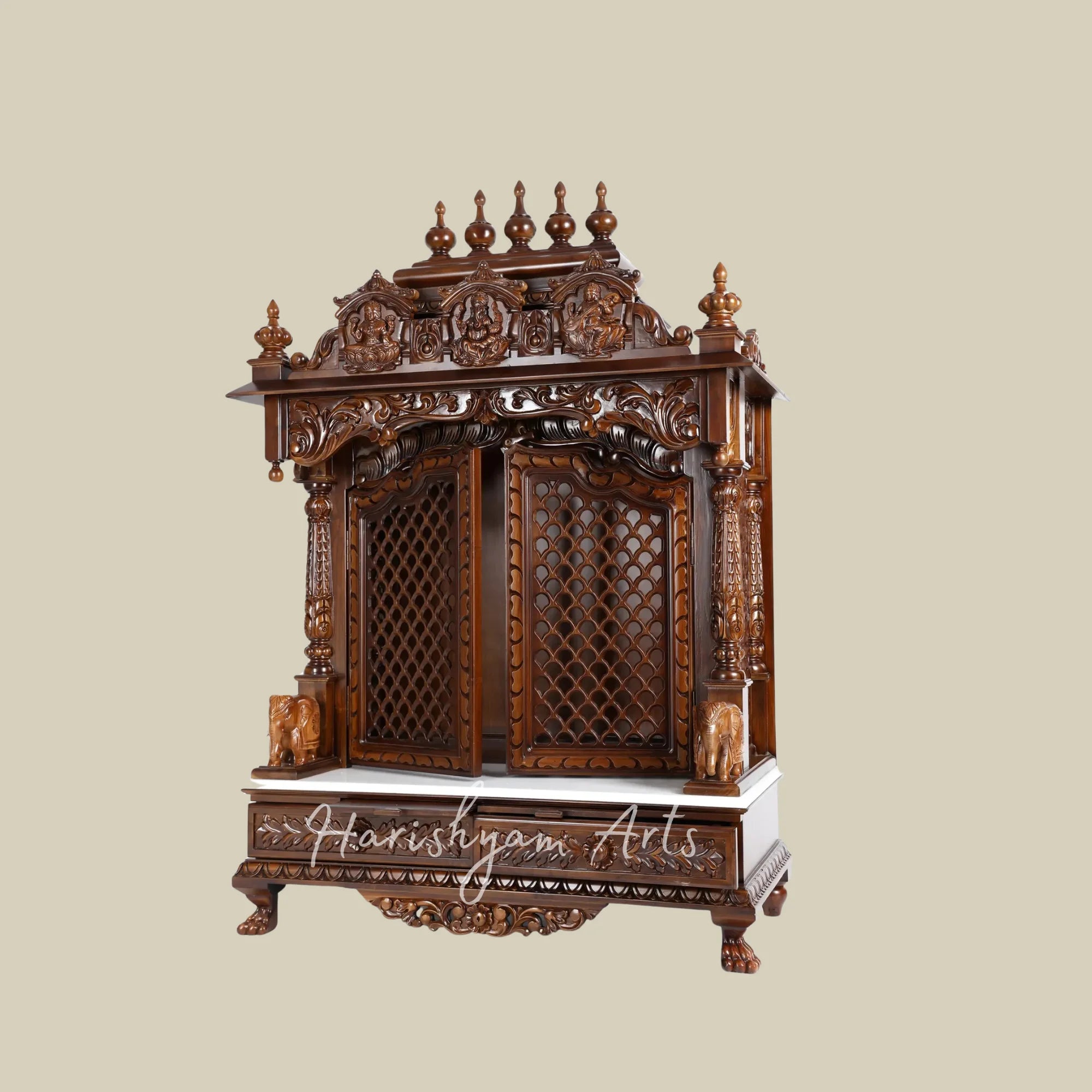54" Handcrafted Teak Wooden Mandir with Ganesh Lakshmi Saraswati Carvings and Decorative Jali Doors