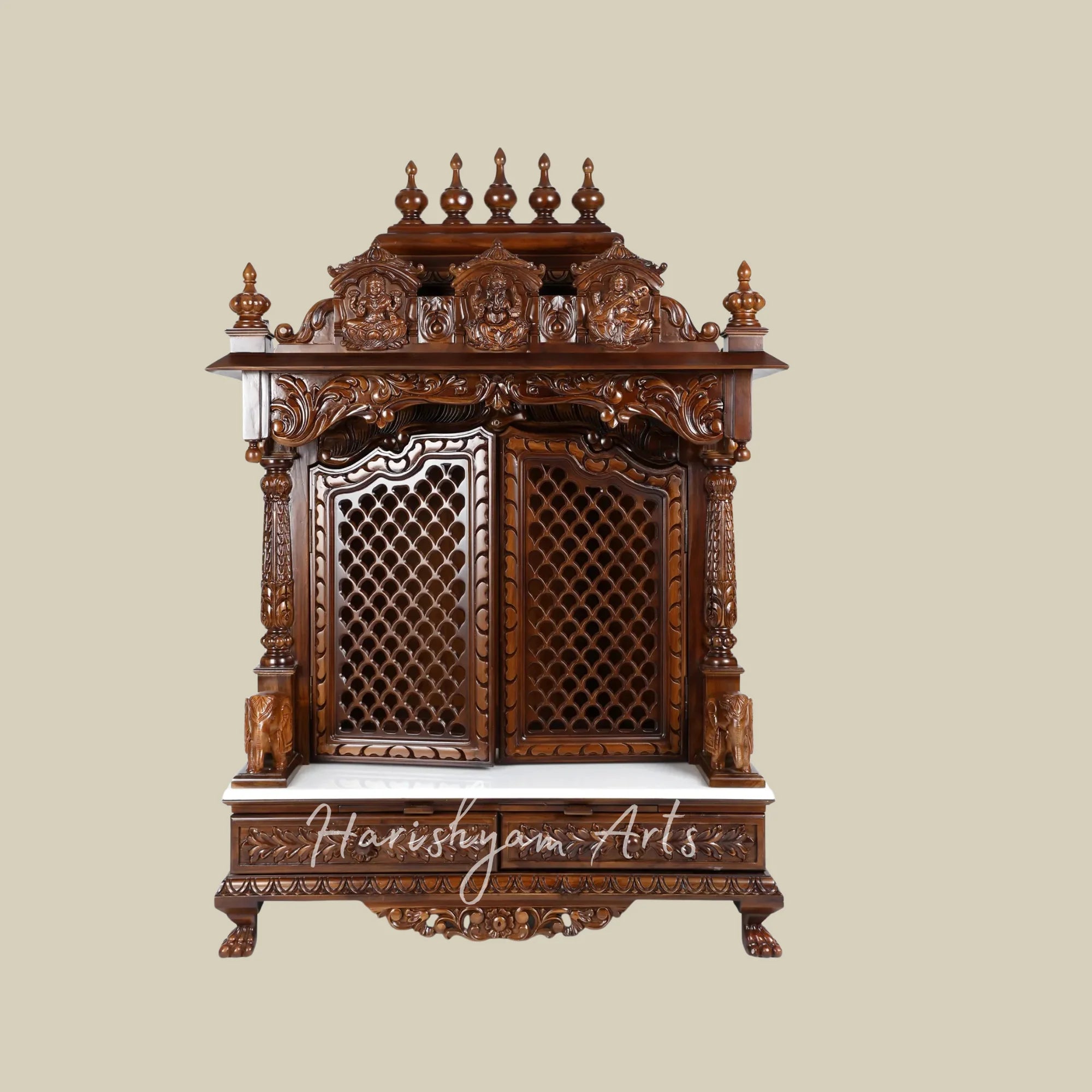 54" Handcrafted Teak Wooden Mandir with Ganesh Lakshmi Saraswati Carvings and Decorative Jali Doors