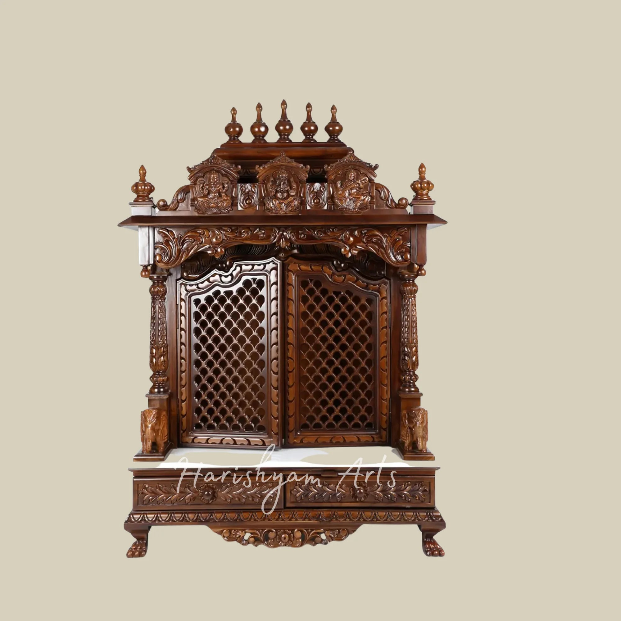 54" Handcrafted Teak Wooden Mandir with Ganesh Lakshmi Saraswati Carvings and Decorative Jali Doors