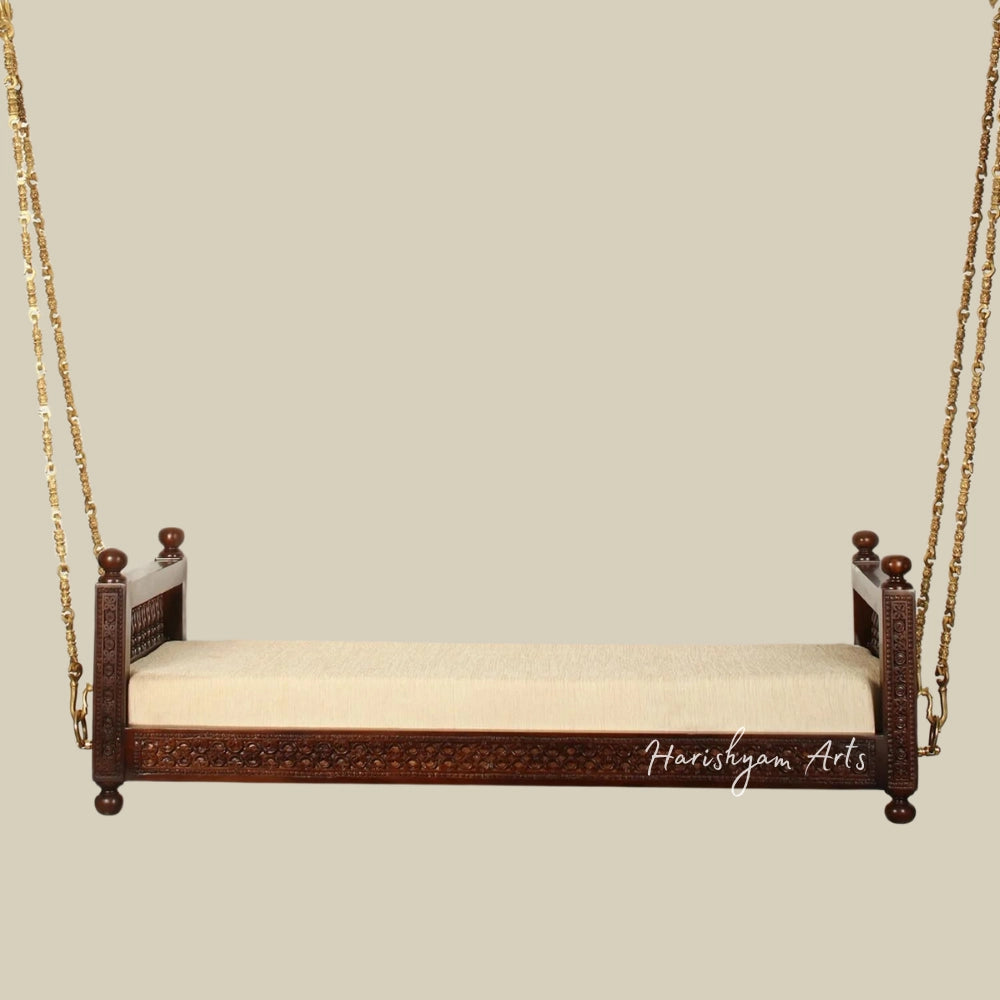 55" Beautiful Handcarved Teak Wood Swing Seat With Brass Chains