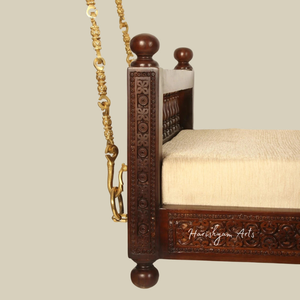 55" Beautiful Handcarved Teak Wood Swing Seat With Brass Chains