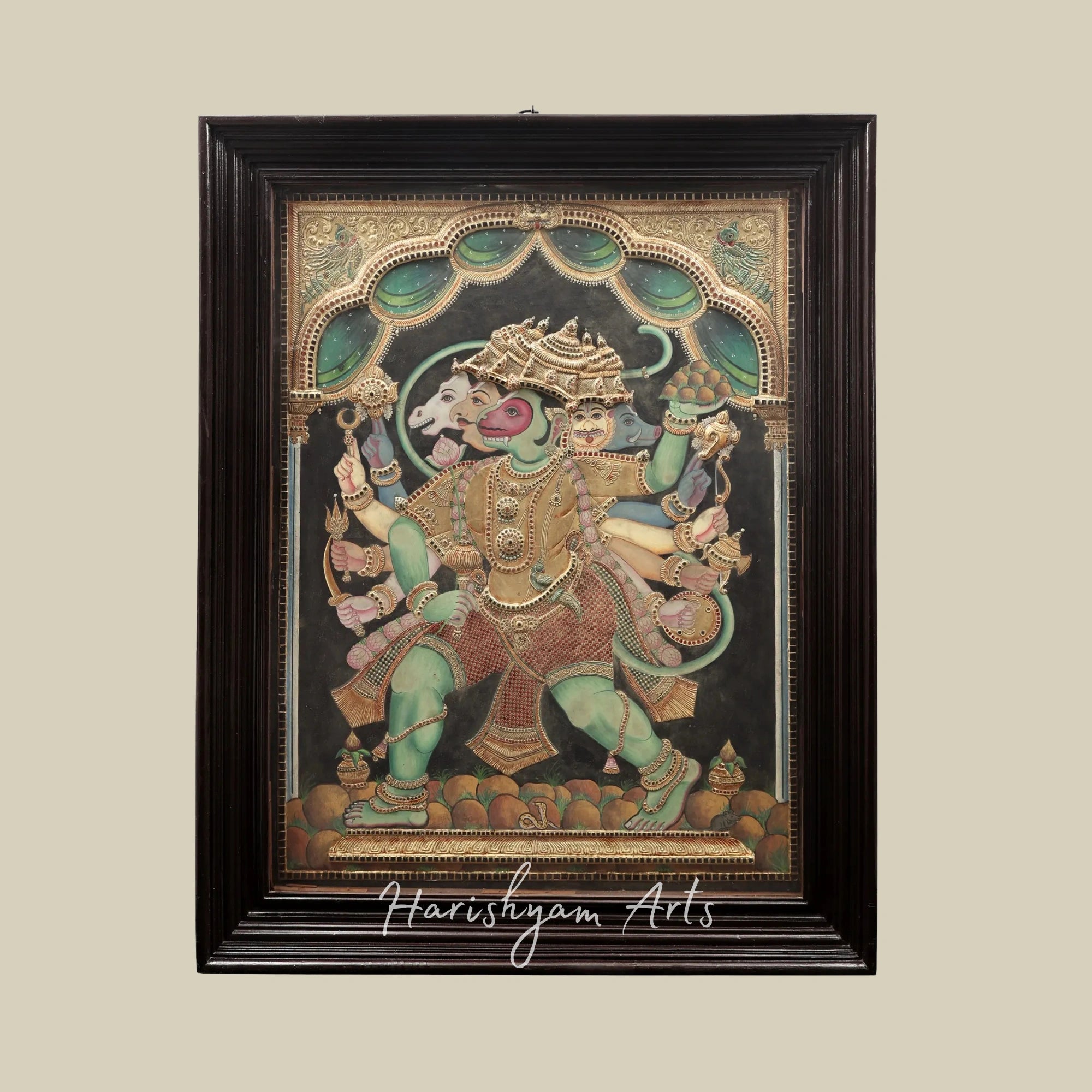 55" Sacred Panchmukhi Hanuman Tanjore Painting with Intricate Detailing