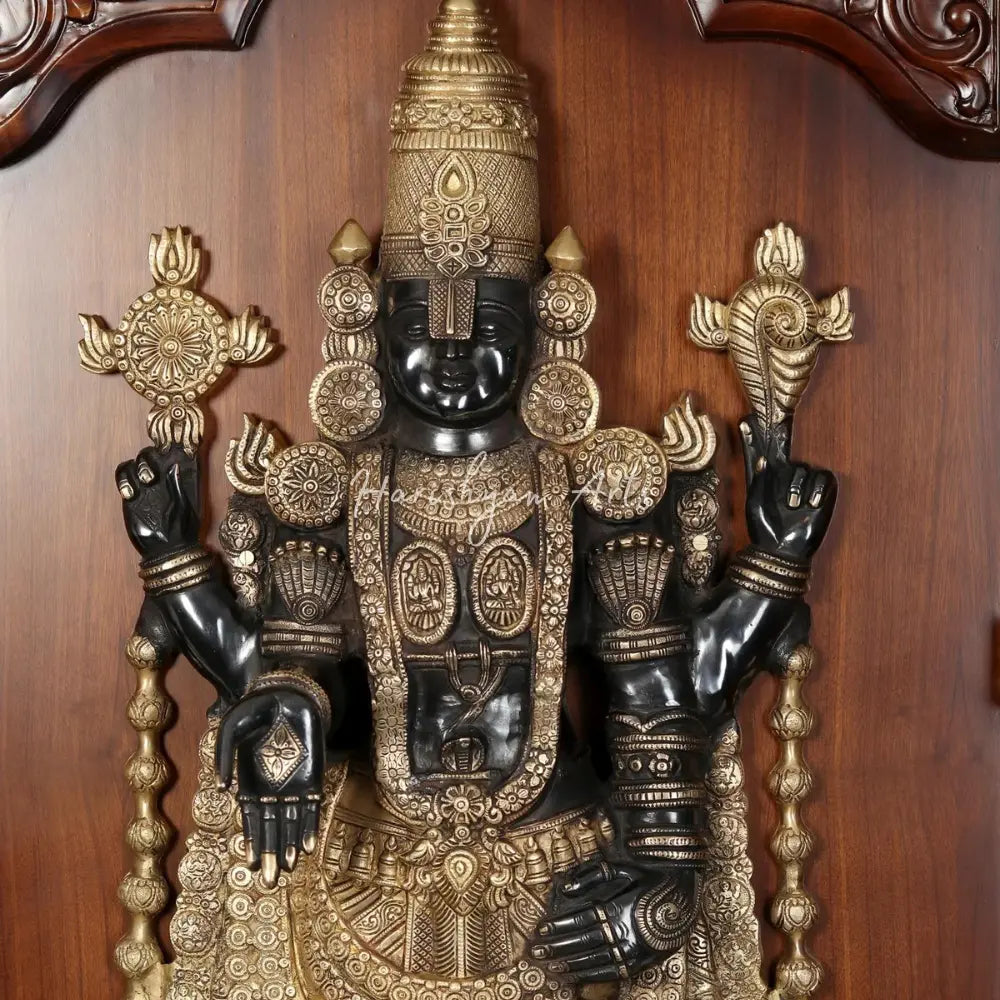 59" Large Tirupati Balaji (Venkateshvara) with With Wooden Frame and Vaishnava Symbol Lamp