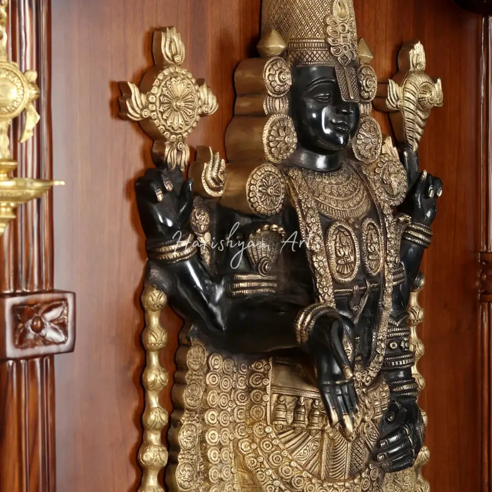 59" Large Tirupati Balaji (Venkateshvara) with With Wooden Frame and Vaishnava Symbol Lamp