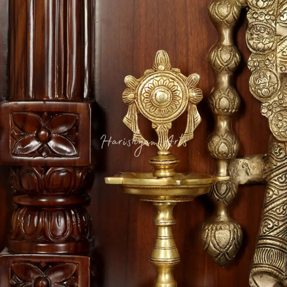 59" Large Tirupati Balaji (Venkateshvara) with With Wooden Frame and Vaishnava Symbol Lamp