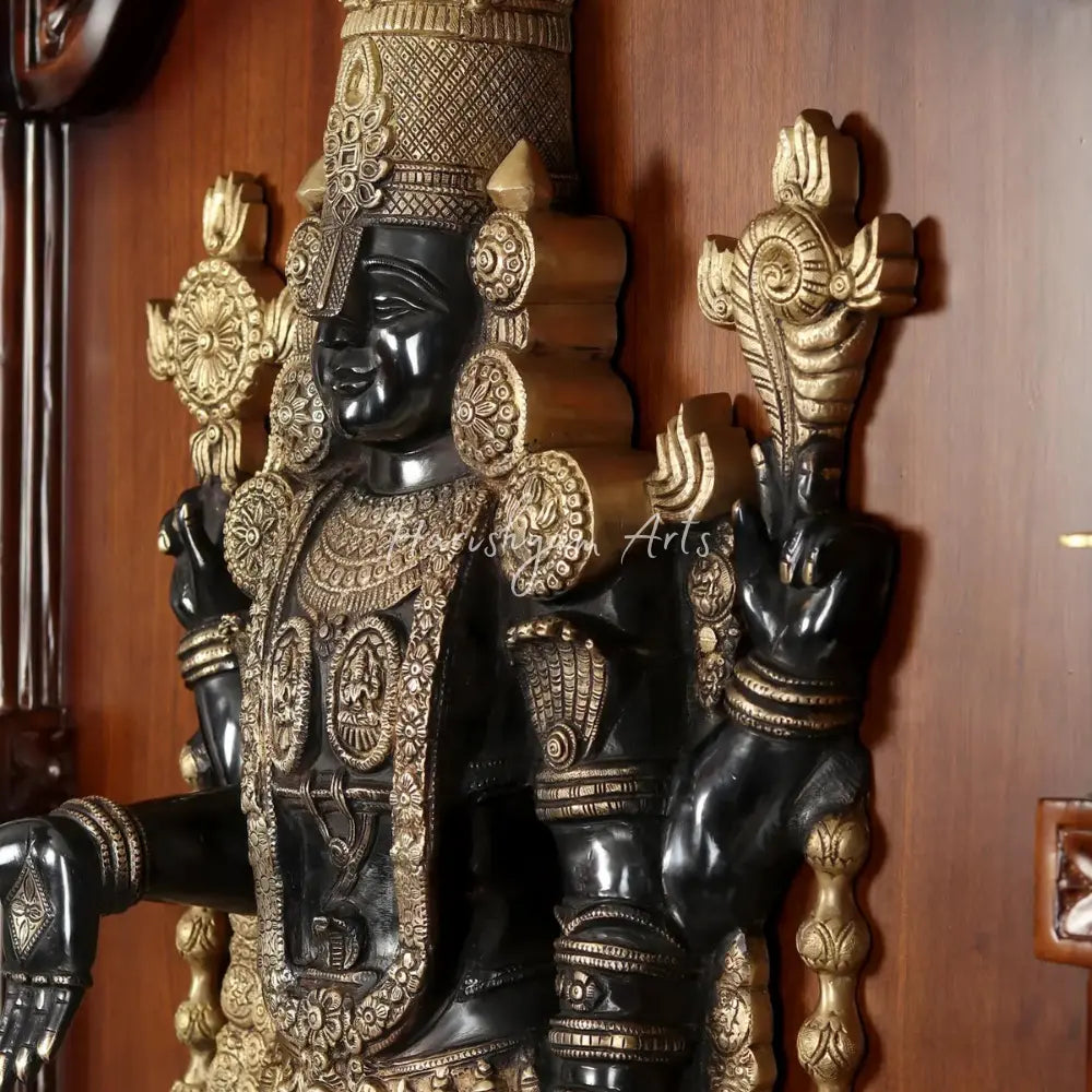 59" Large Tirupati Balaji (Venkateshvara) with With Wooden Frame and Vaishnava Symbol Lamp