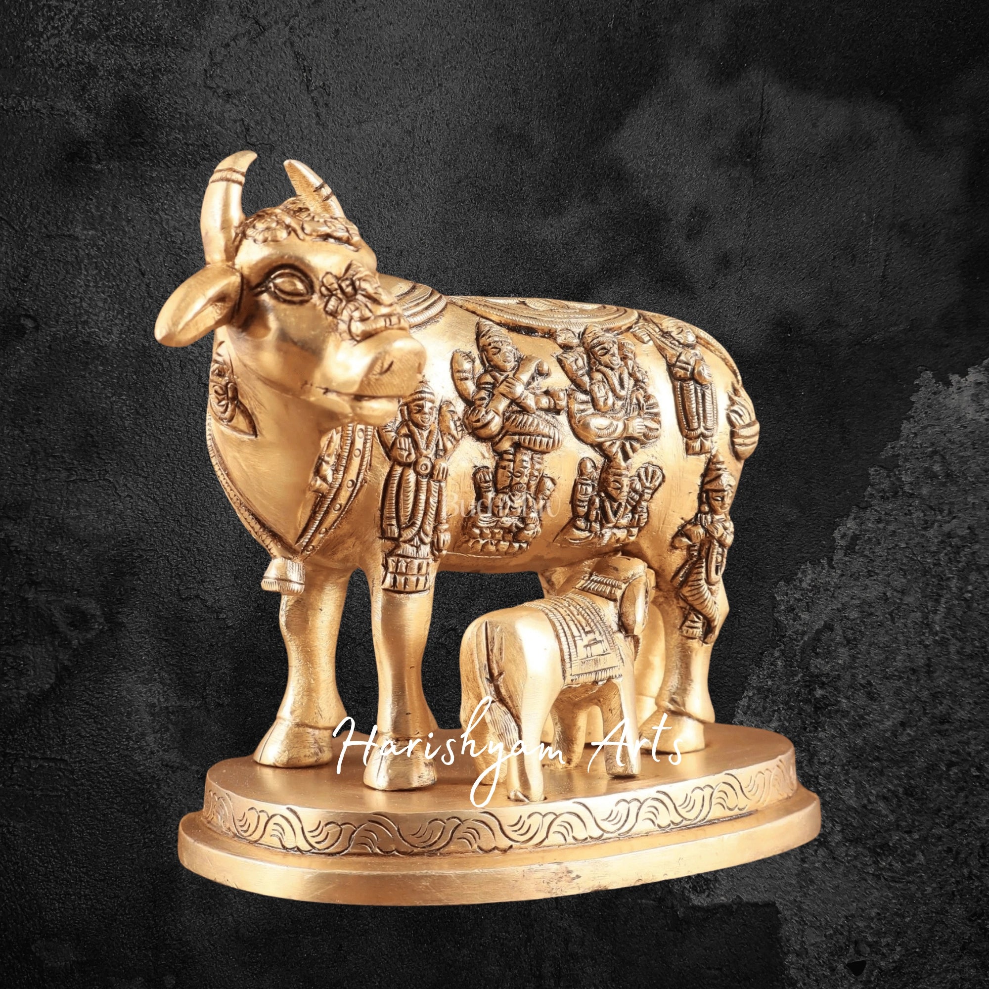 5" Detailed Brass Kamdhenu Statue with Intricate Deity Carvings