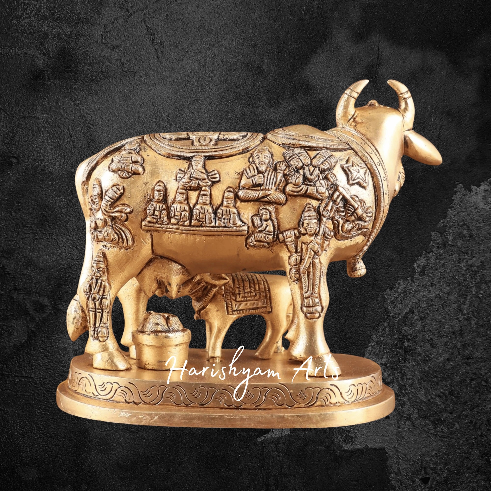 5" Detailed Brass Kamdhenu Statue with Intricate Deity Carvings