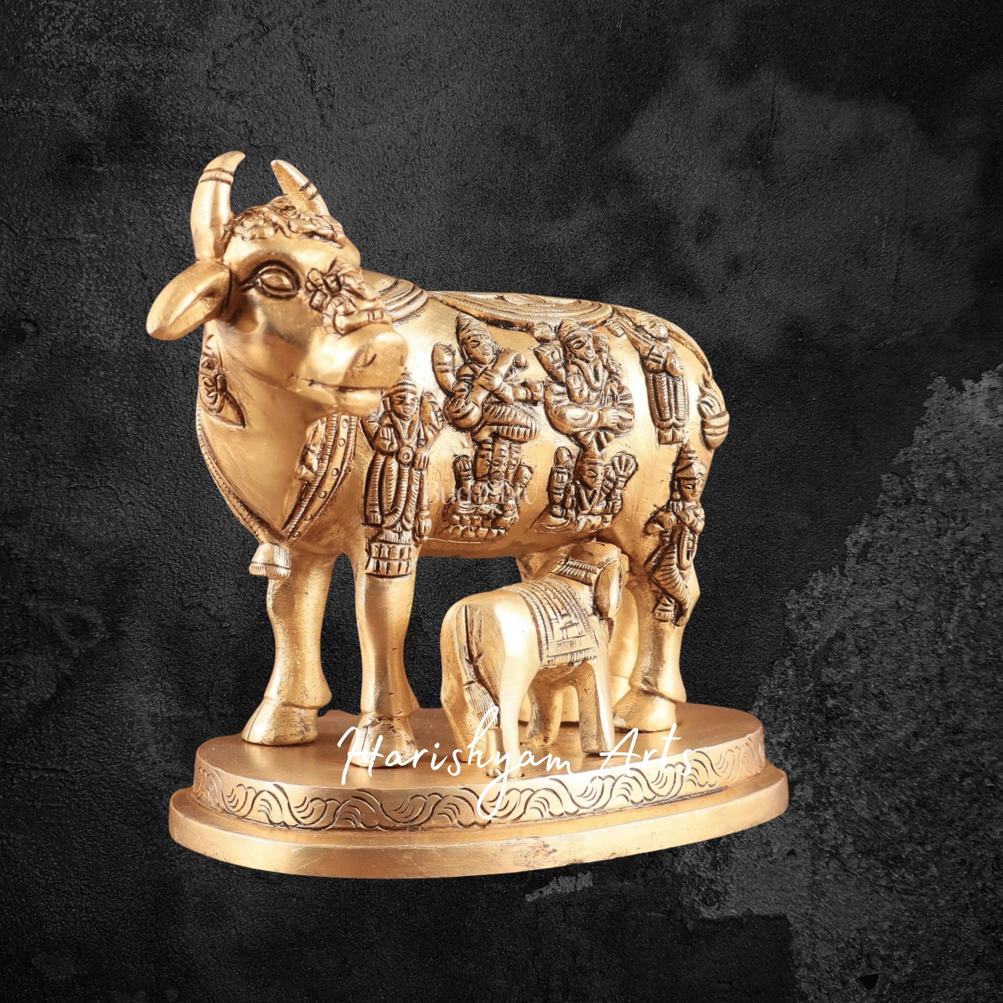 5" Detailed Brass Kamdhenu Statue with Intricate Deity Carvings