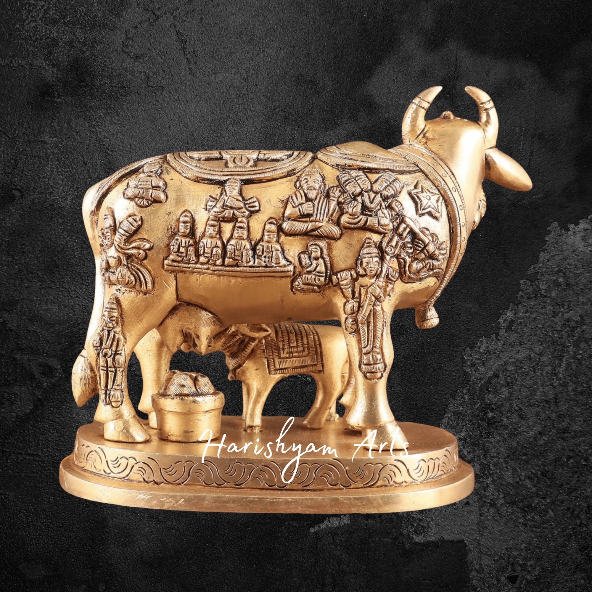 5" Detailed Brass Kamdhenu Statue with Intricate Deity Carvings