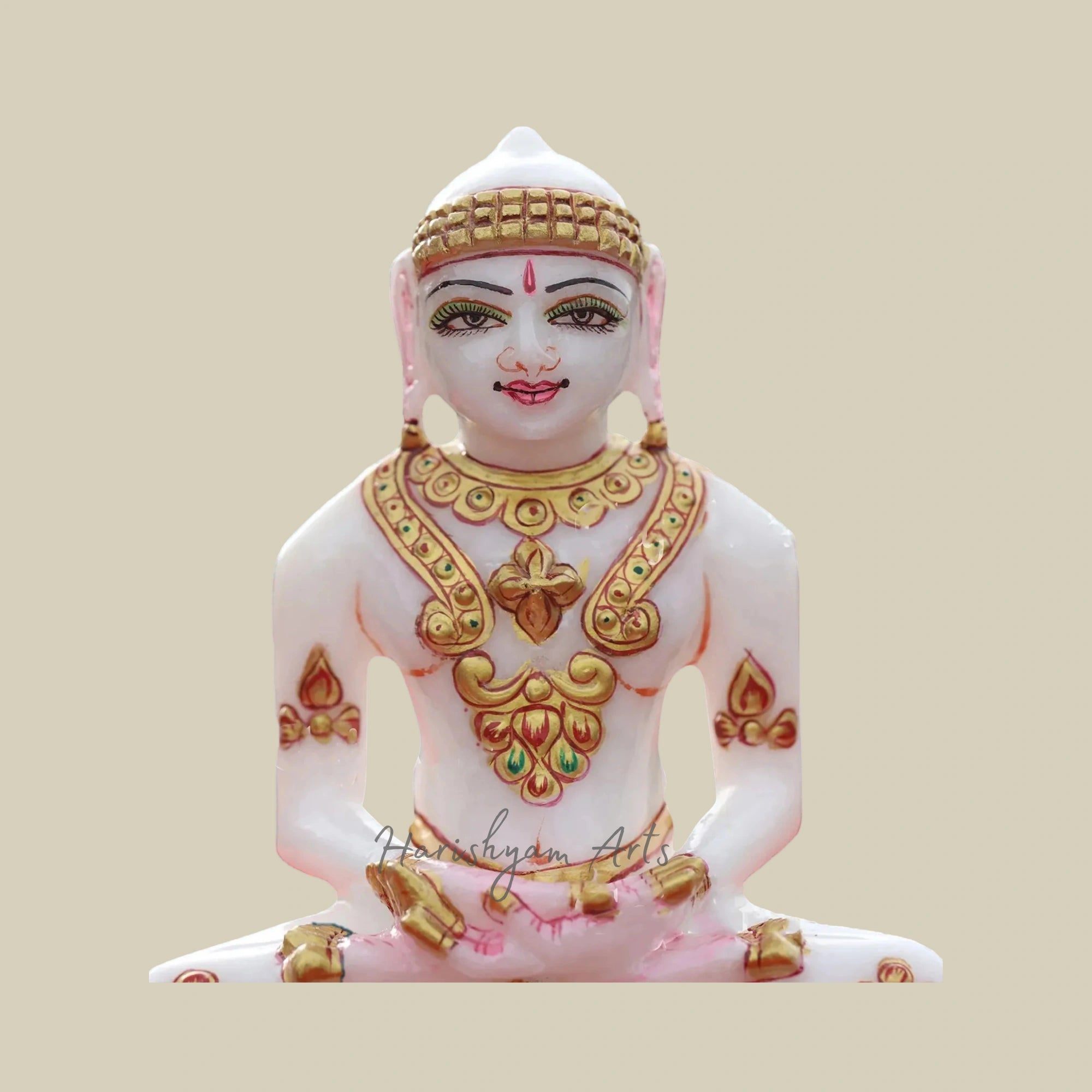 5" Gold Foil and Color-Adorned Mahavir Jain Marble Statue