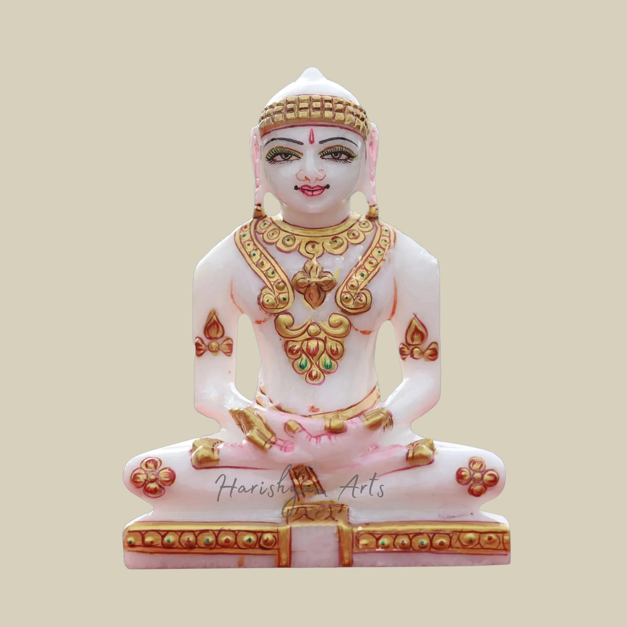 5" Gold Foil and Color-Adorned Mahavir Jain Marble Statue