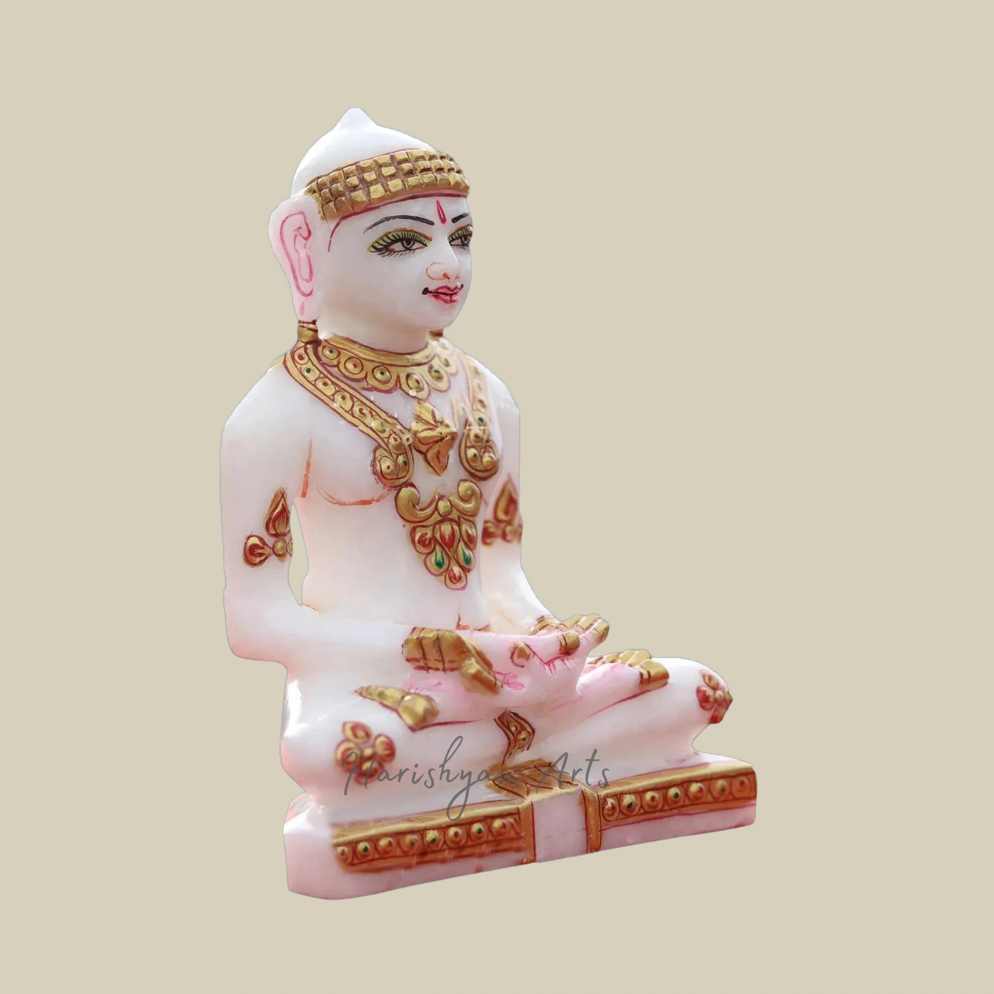 5" Gold Foil and Color-Adorned Mahavir Jain Marble Statue