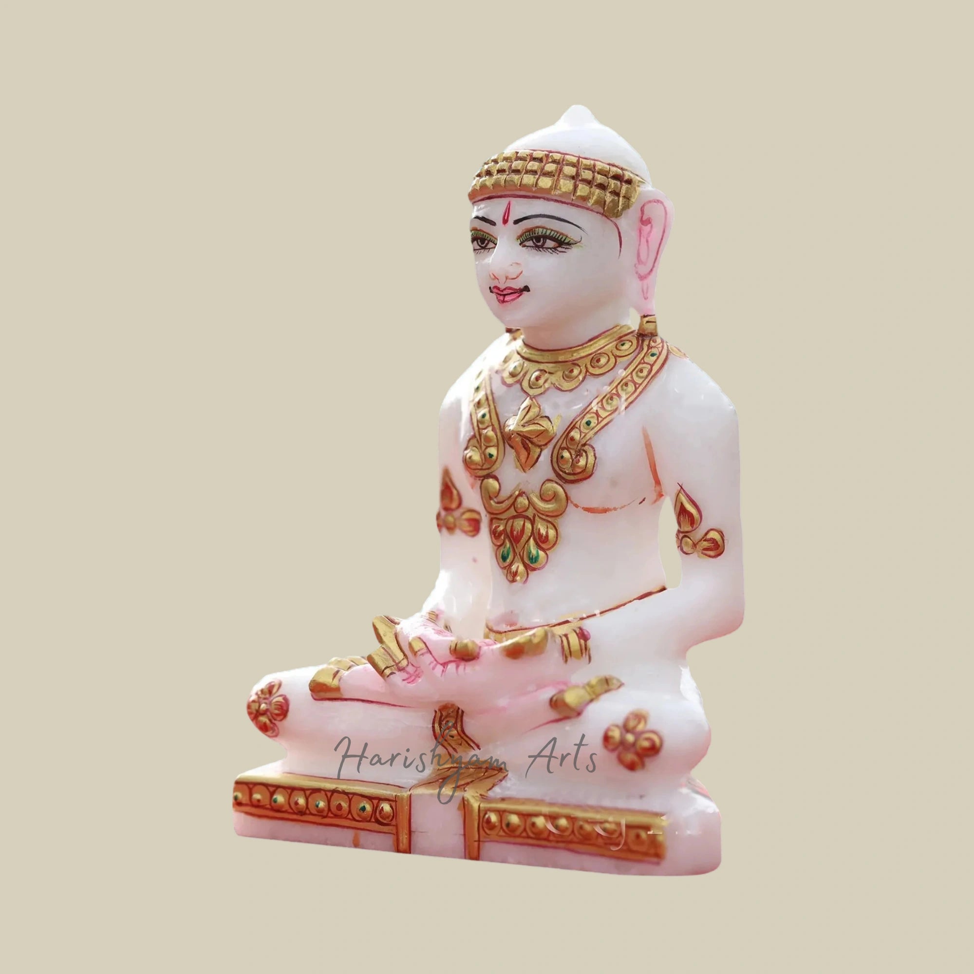 5" Gold Foil and Color-Adorned Mahavir Jain Marble Statue