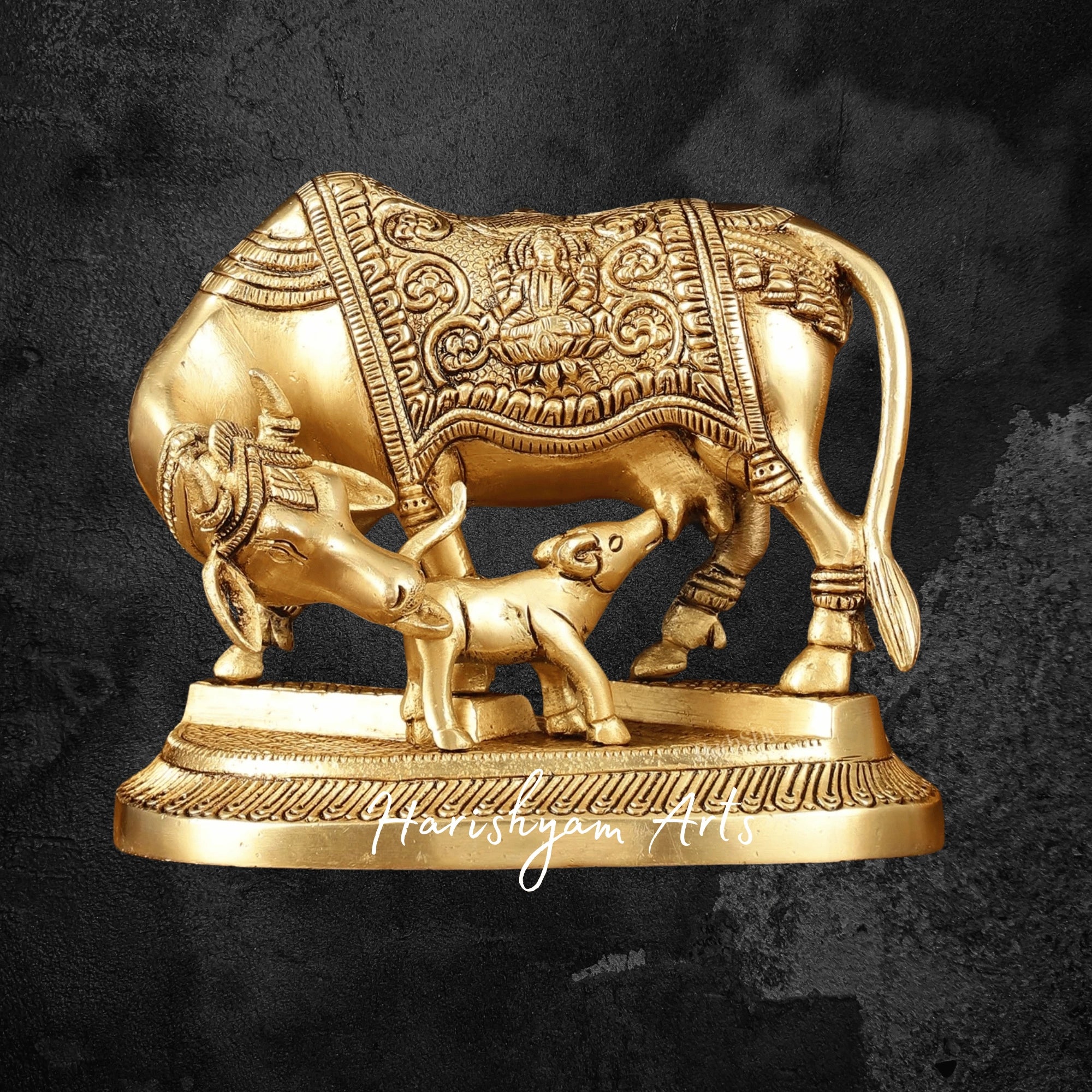 5" Temple-Grade Pure Brass Kamdhenu Cow with Calf Idol
