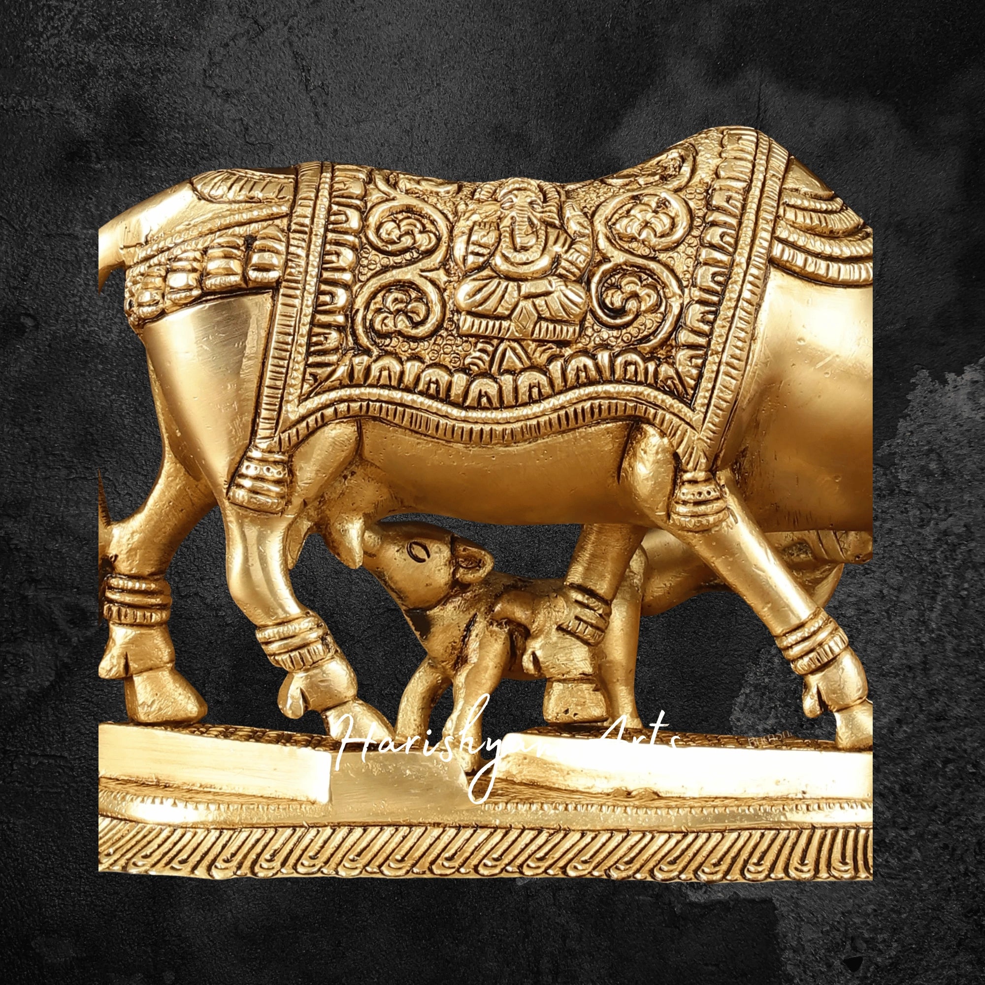 5" Temple-Grade Pure Brass Kamdhenu Cow with Calf Idol