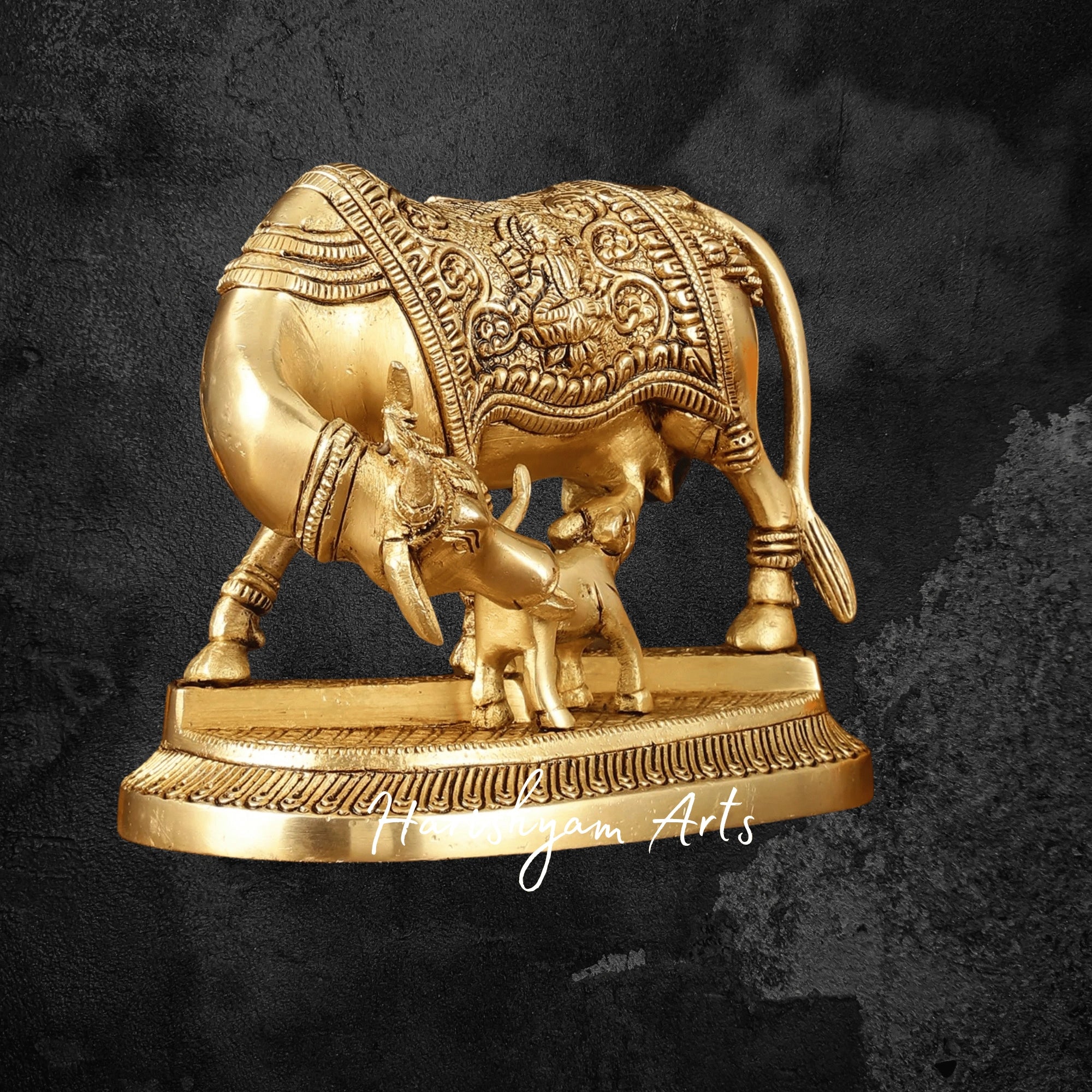 5" Temple-Grade Pure Brass Kamdhenu Cow with Calf Idol