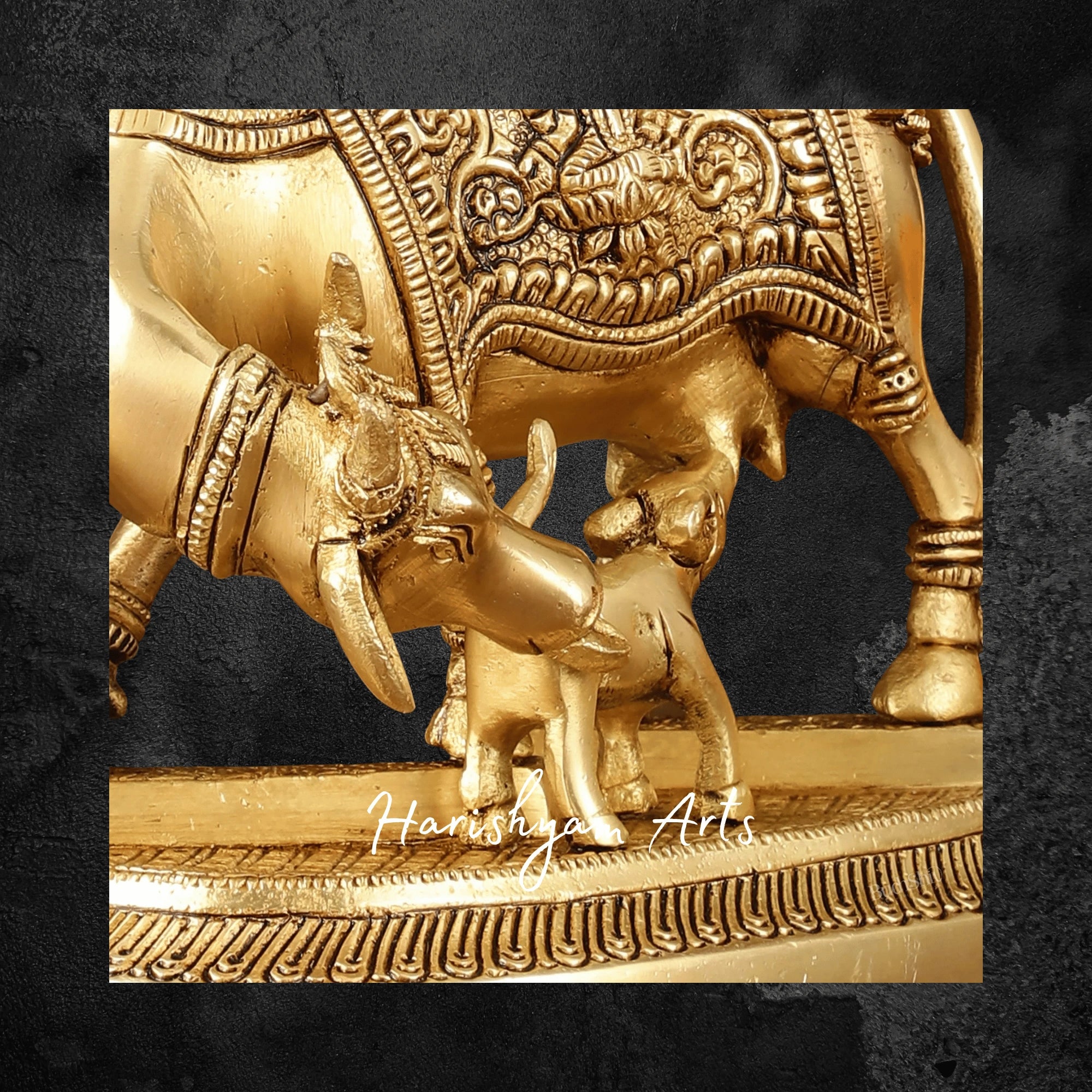 5" Temple-Grade Pure Brass Kamdhenu Cow with Calf Idol