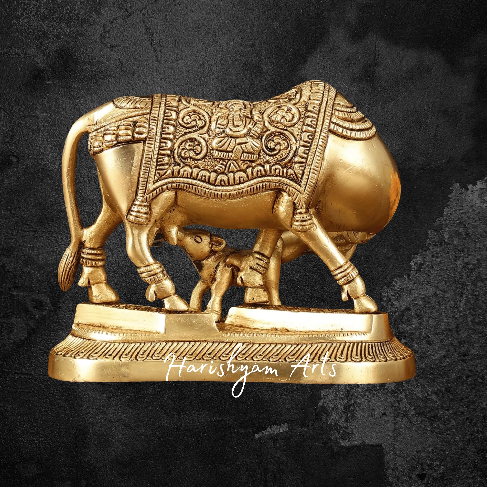 5" Temple-Grade Pure Brass Kamdhenu Cow with Calf Idol