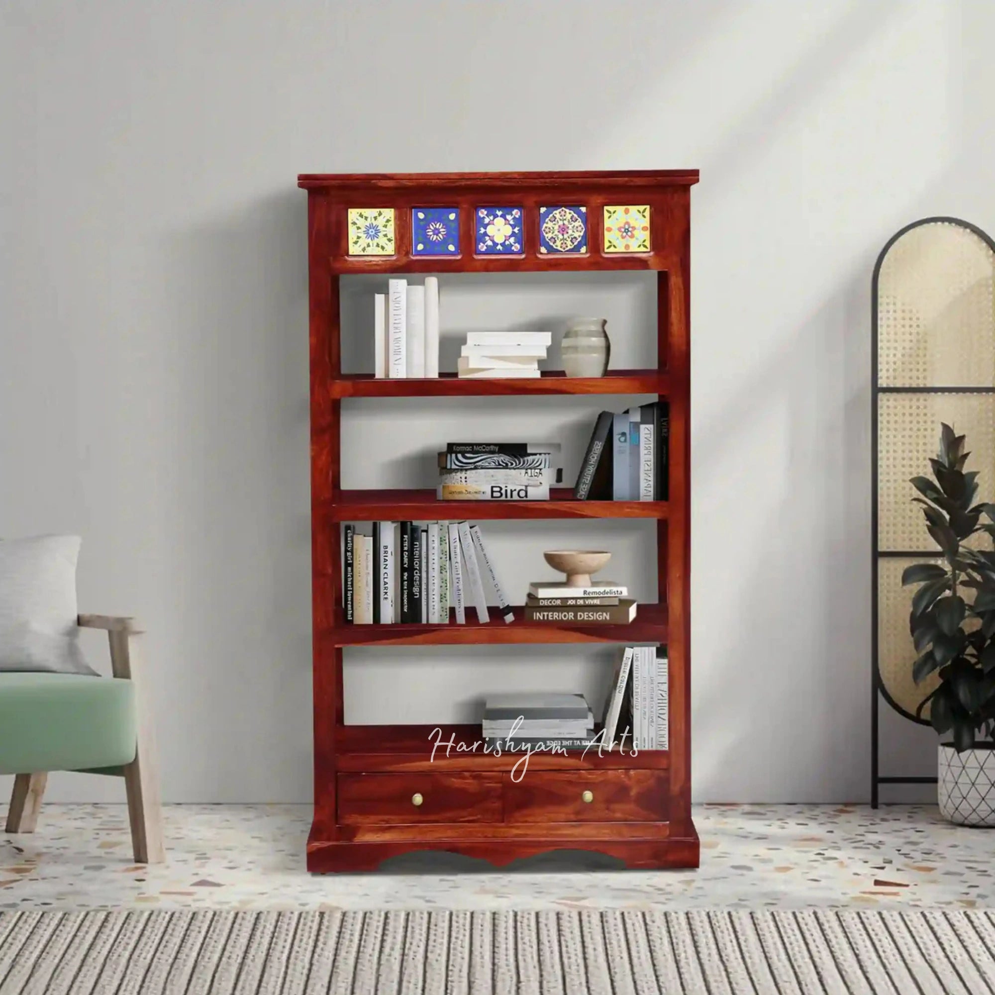 60" Decent Height Wooden Bookcase with Drawers