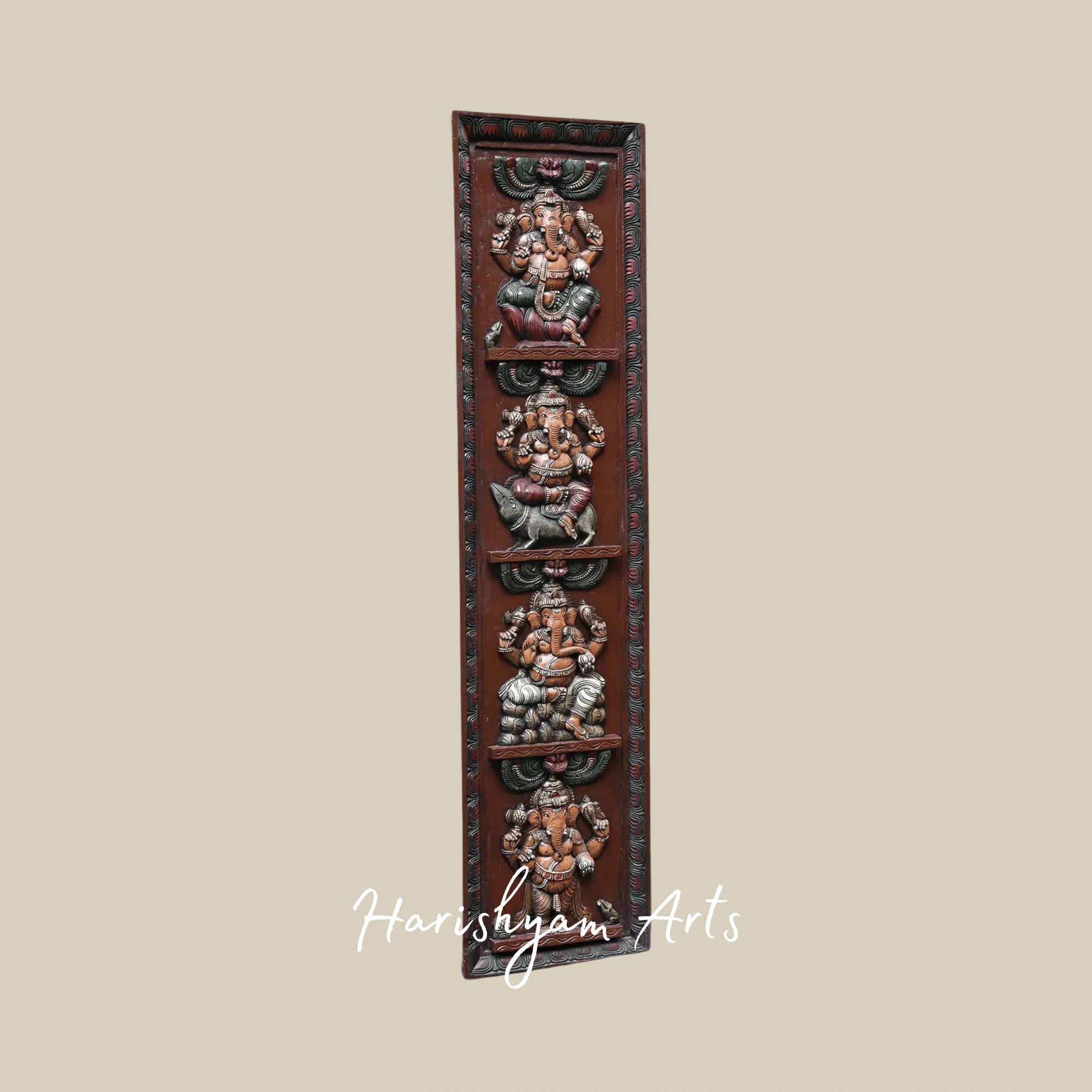 60" Four Forms of Lord Ganesha Wooden Wall Art – Unique Posture Ganpati Decorative Panel