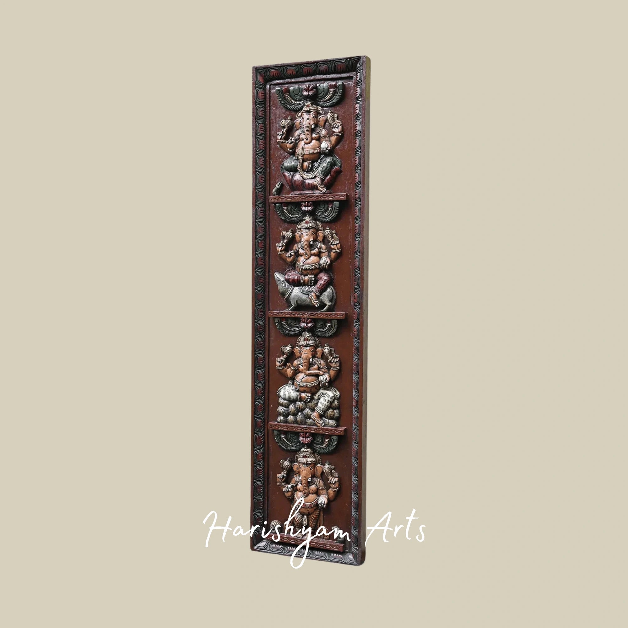 60" Four Forms of Lord Ganesha Wooden Wall Art – Unique Posture Ganpati Decorative Panel