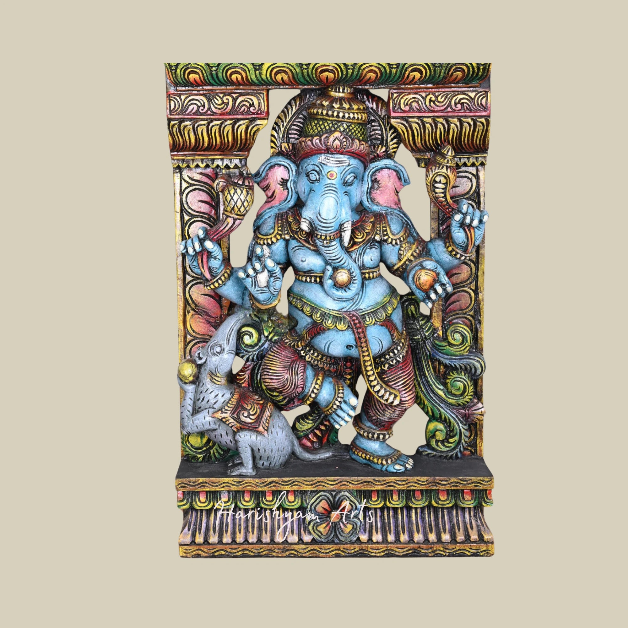 60" Intricately Carved Dancing Lord Ganesha with Umbrella and Mooshak Decorative Wooden Wall Mount3