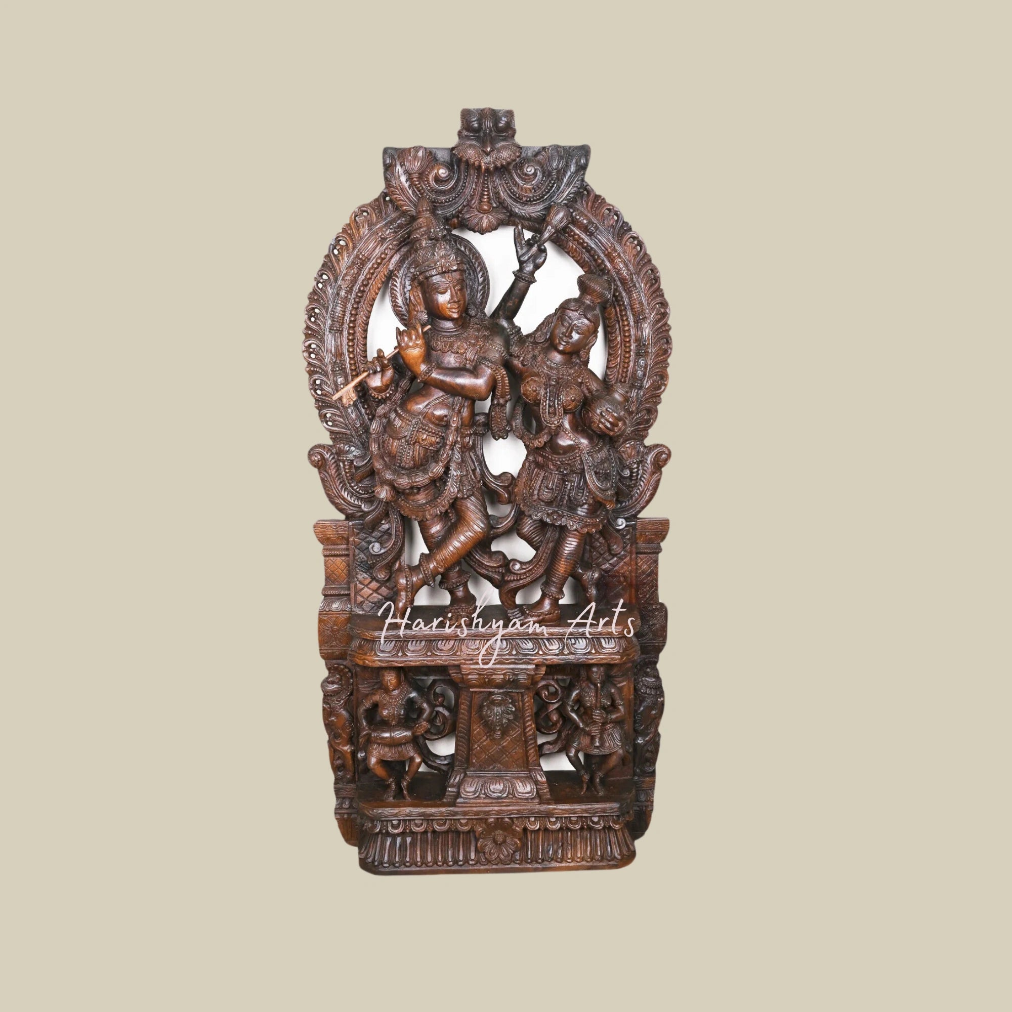 60" Krishna Murti with Detailed Carvings, Standing Radha and Krishna Playing Flute with Two Sevagar Ladies