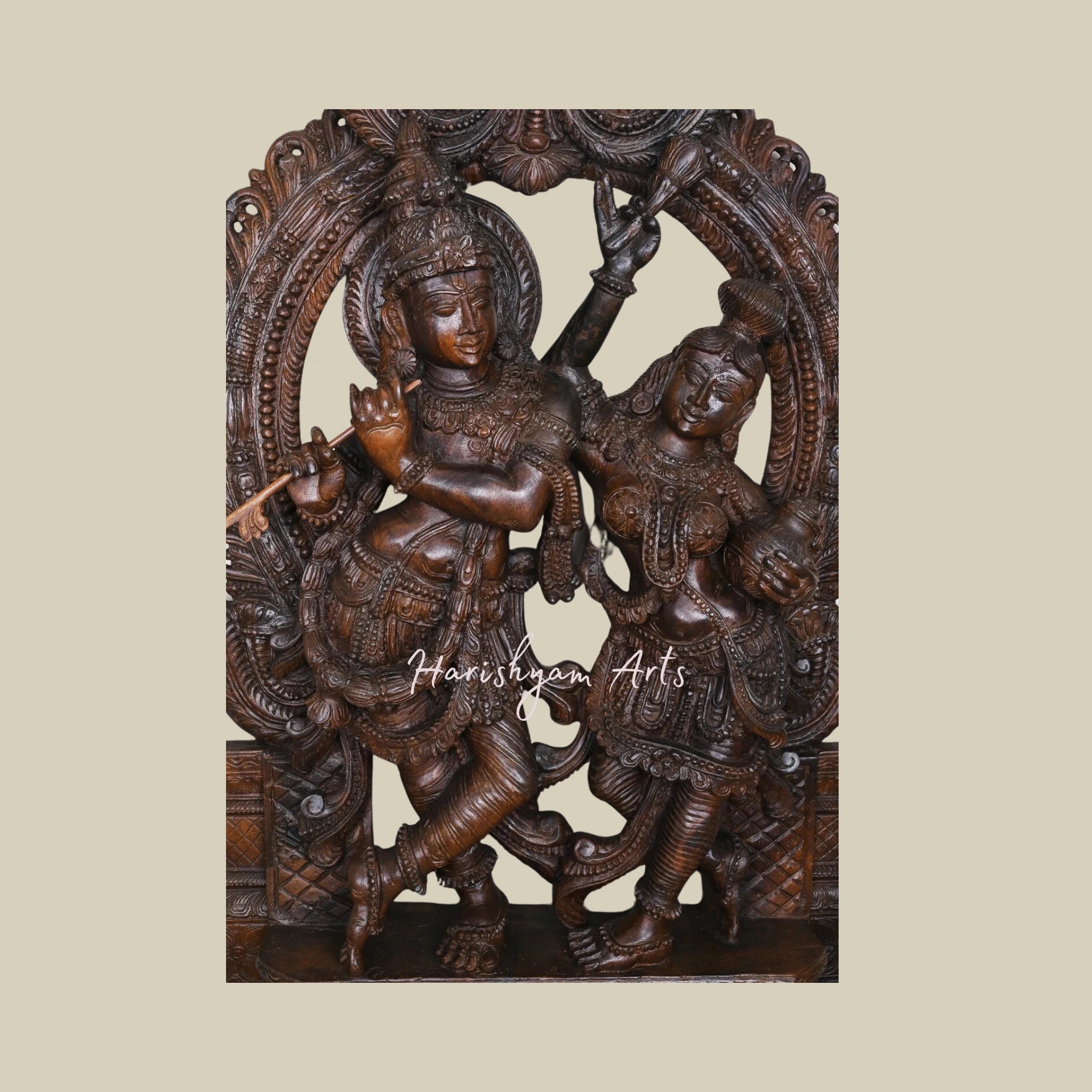 60" Krishna Murti with Detailed Carvings, Standing Radha and Krishna Playing Flute with Two Sevagar Ladies1