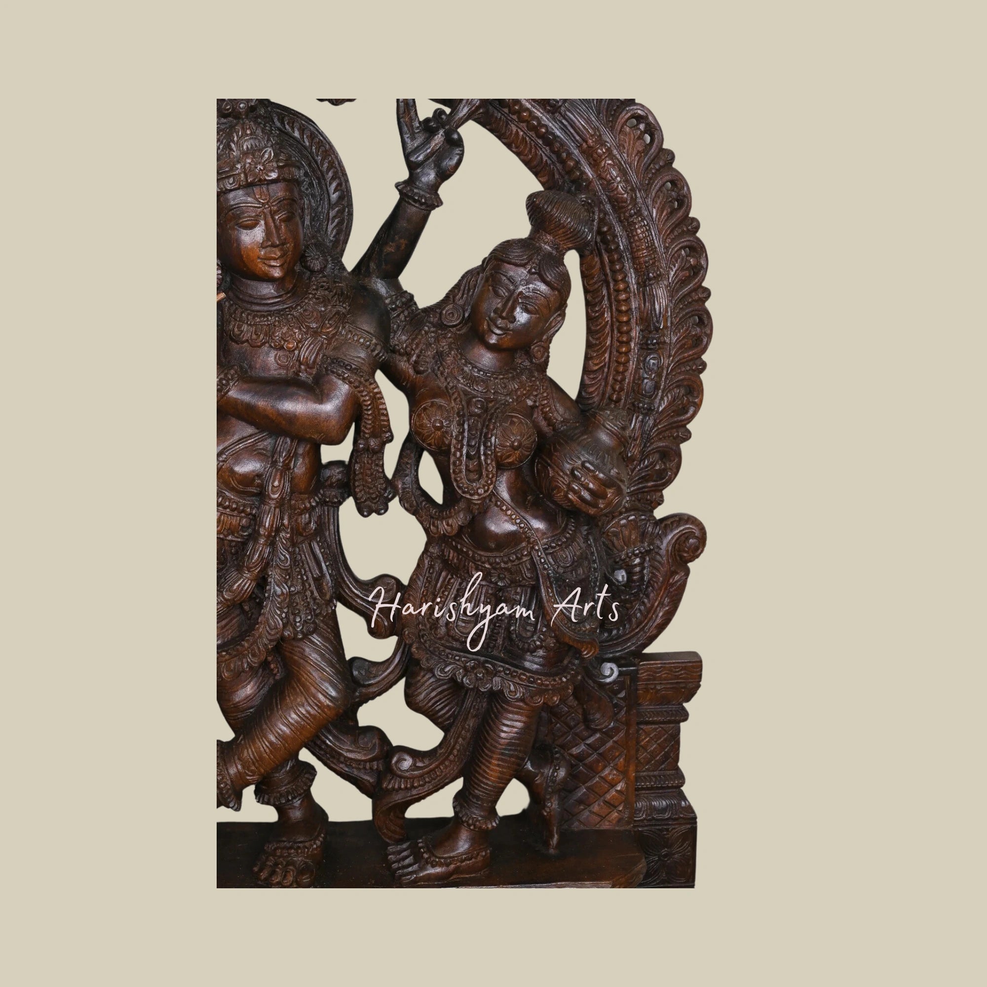 60" Krishna Murti with Detailed Carvings, Standing Radha and Krishna Playing Flute with Two Sevagar Ladies4