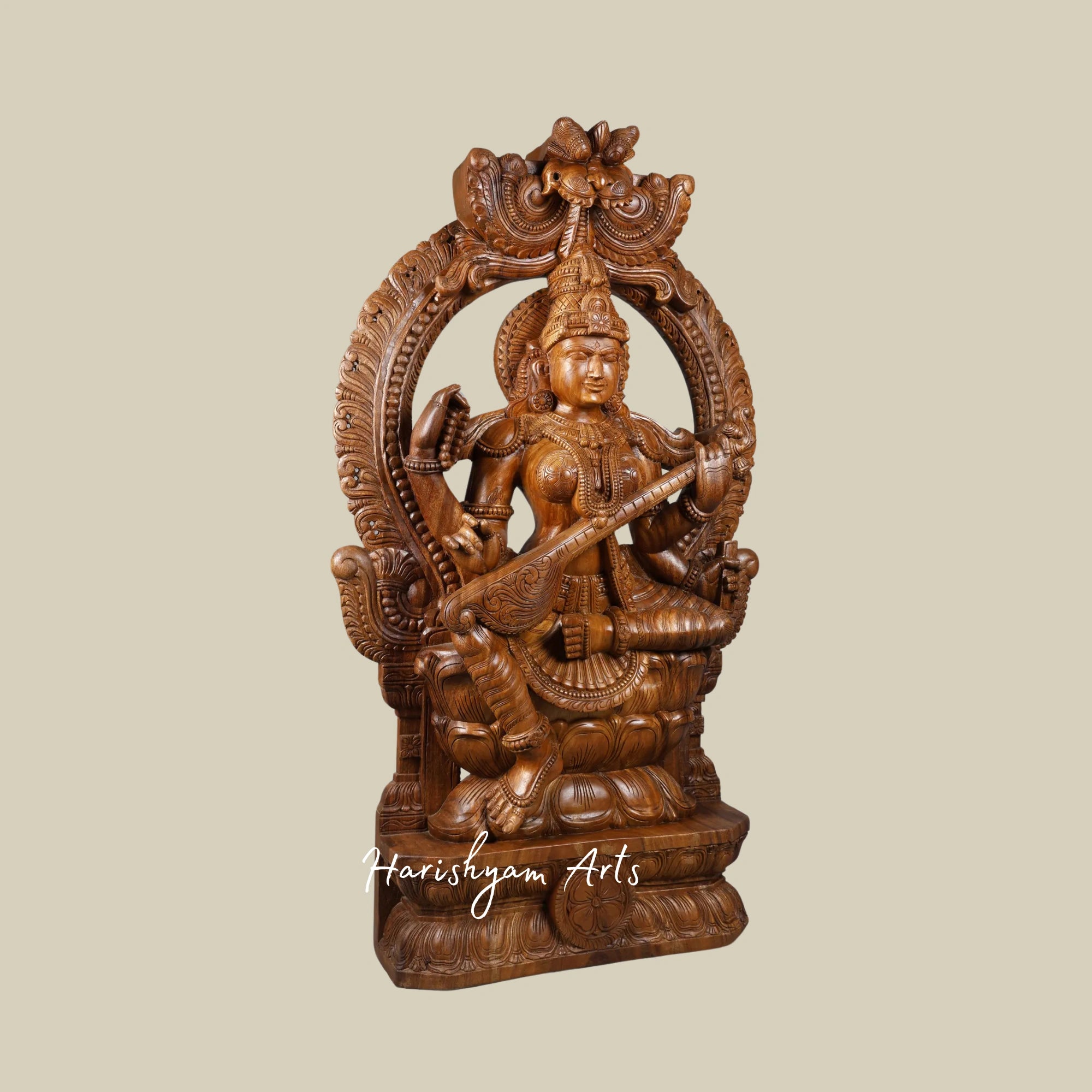 60" Large Saraswati Statue Four-Armed Goddess Seated on Kirtimukha Throne2