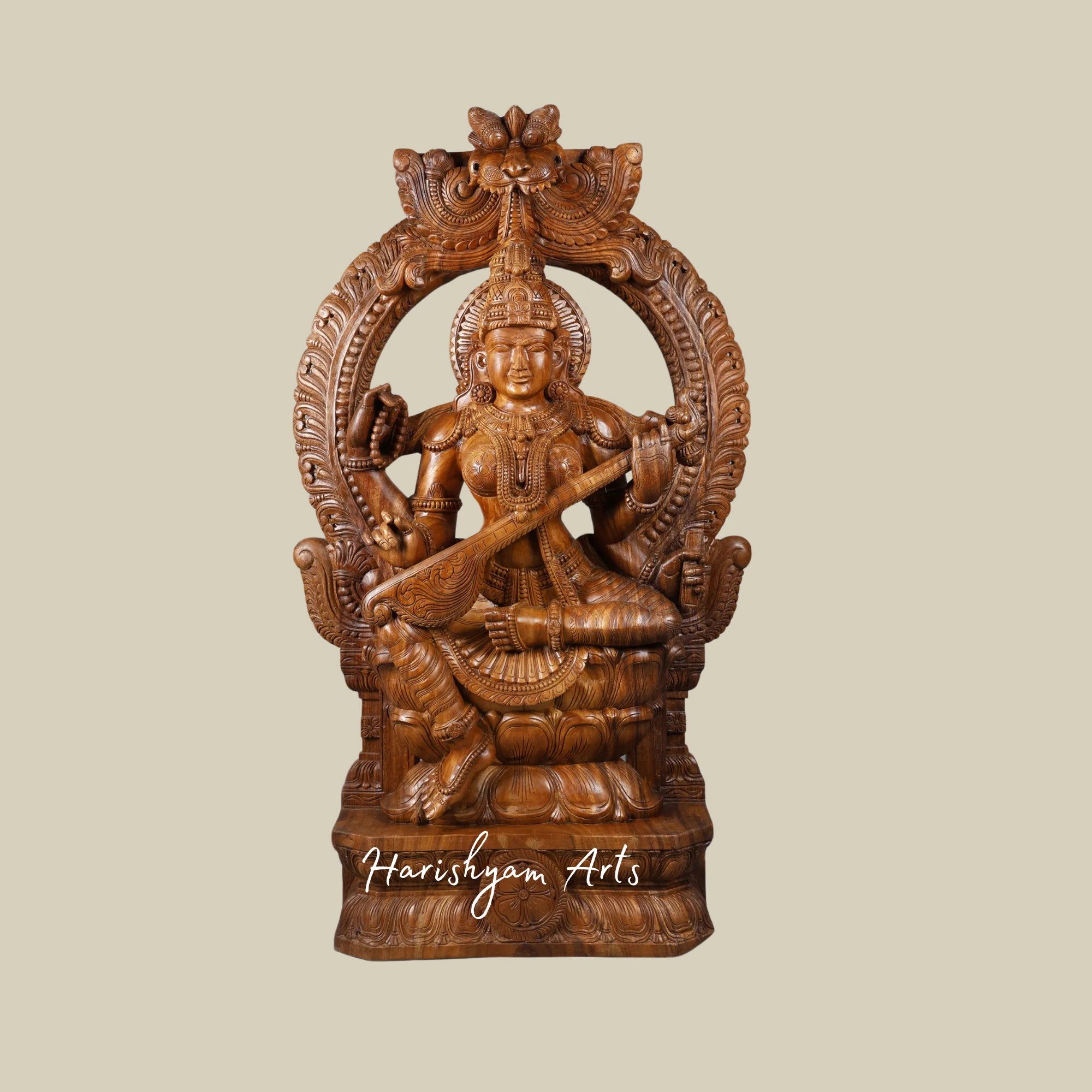 60" Large Saraswati Statue Four-Armed Goddess Seated on Kirtimukha Throne6