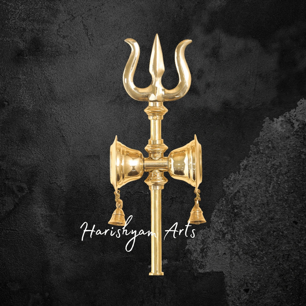 60" Shiva’s Brass Damru Trishul with Divine Bell Accent