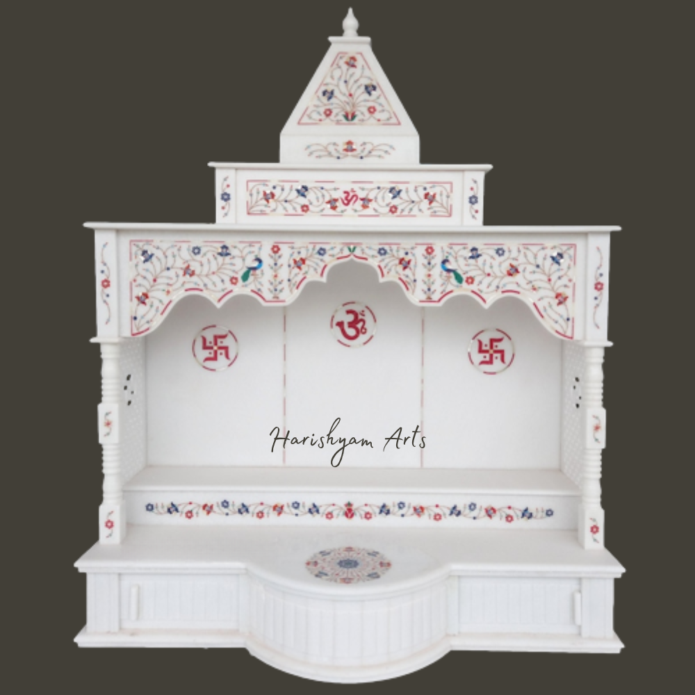 60" White Marble Pooja Mandir with Inlay Work