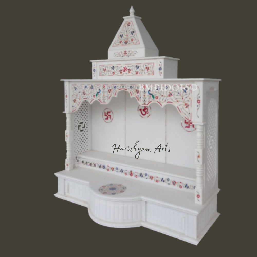 60" White Marble Pooja Mandir with Inlay Work3