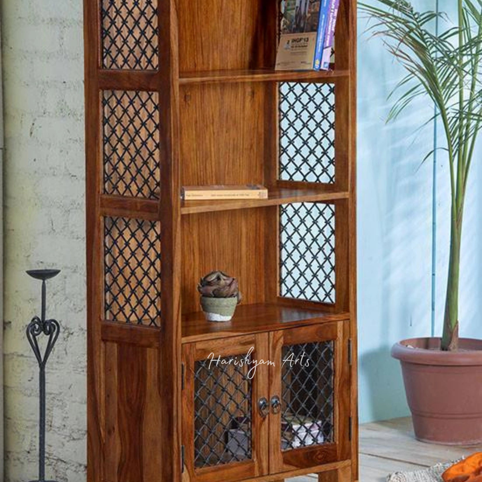 60" Wooden Jali Design Bookshelf for Home Decor