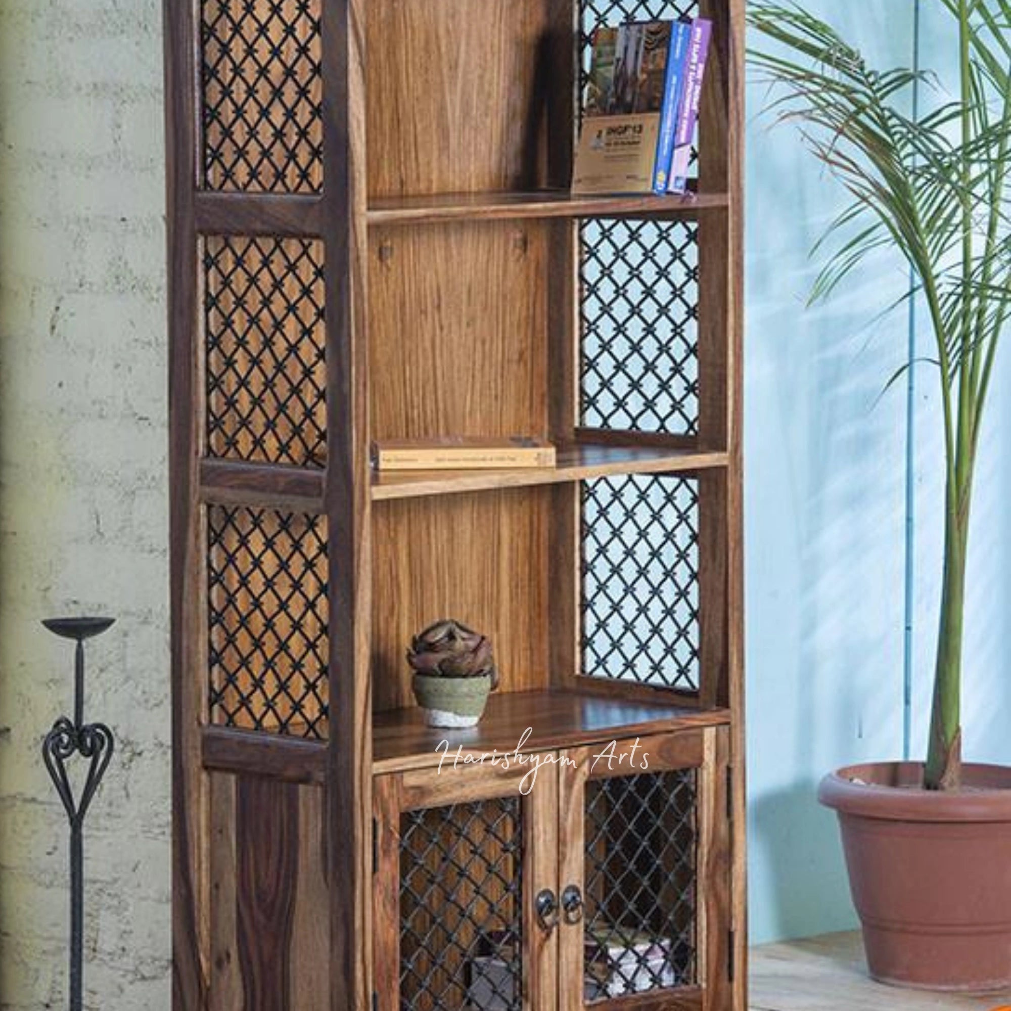 60" Wooden Jali Design Bookshelf for Home Decor